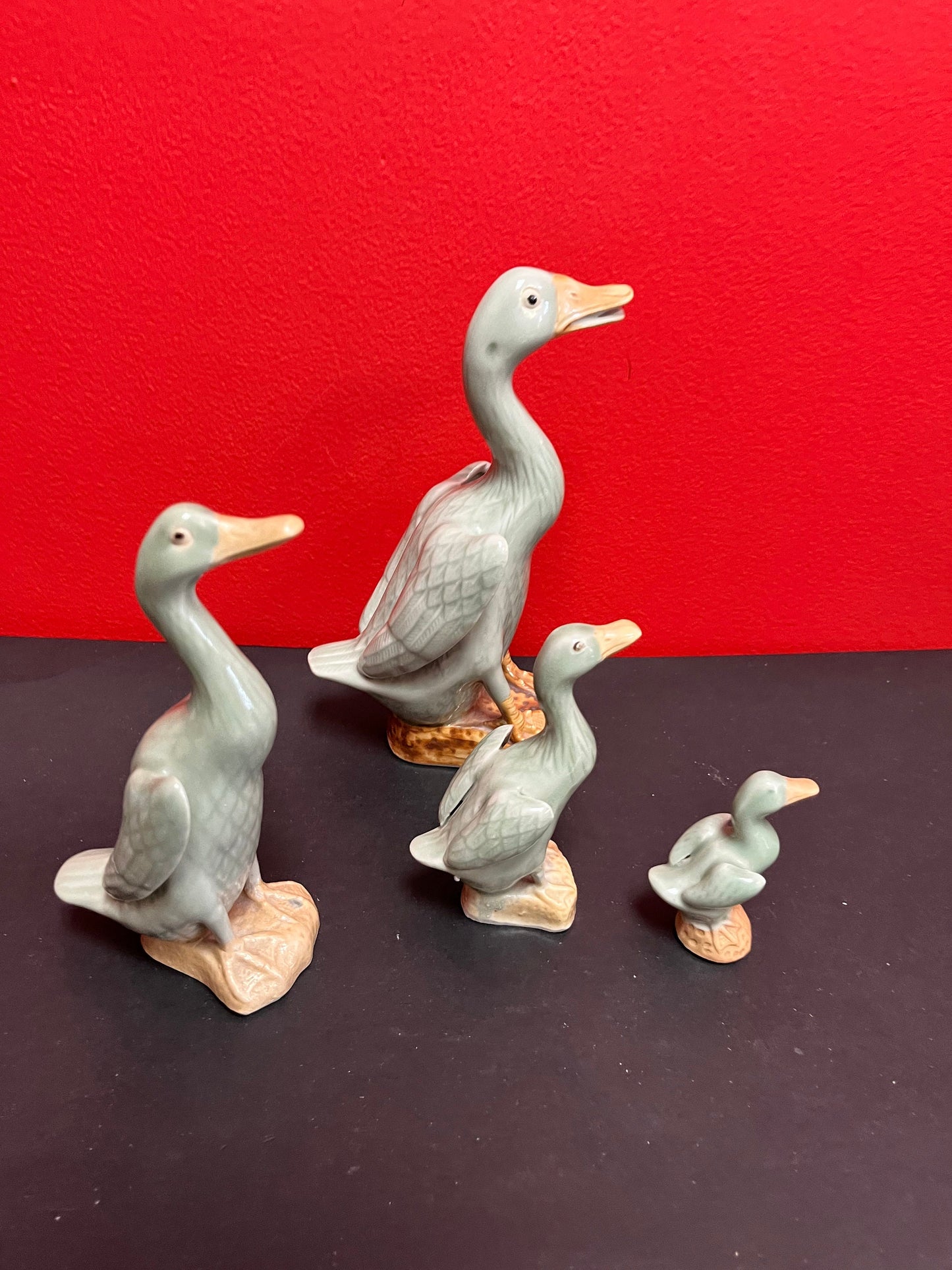 Set 4 Chinese  celadon ducks  biggest signed  3 to 9 inches tall