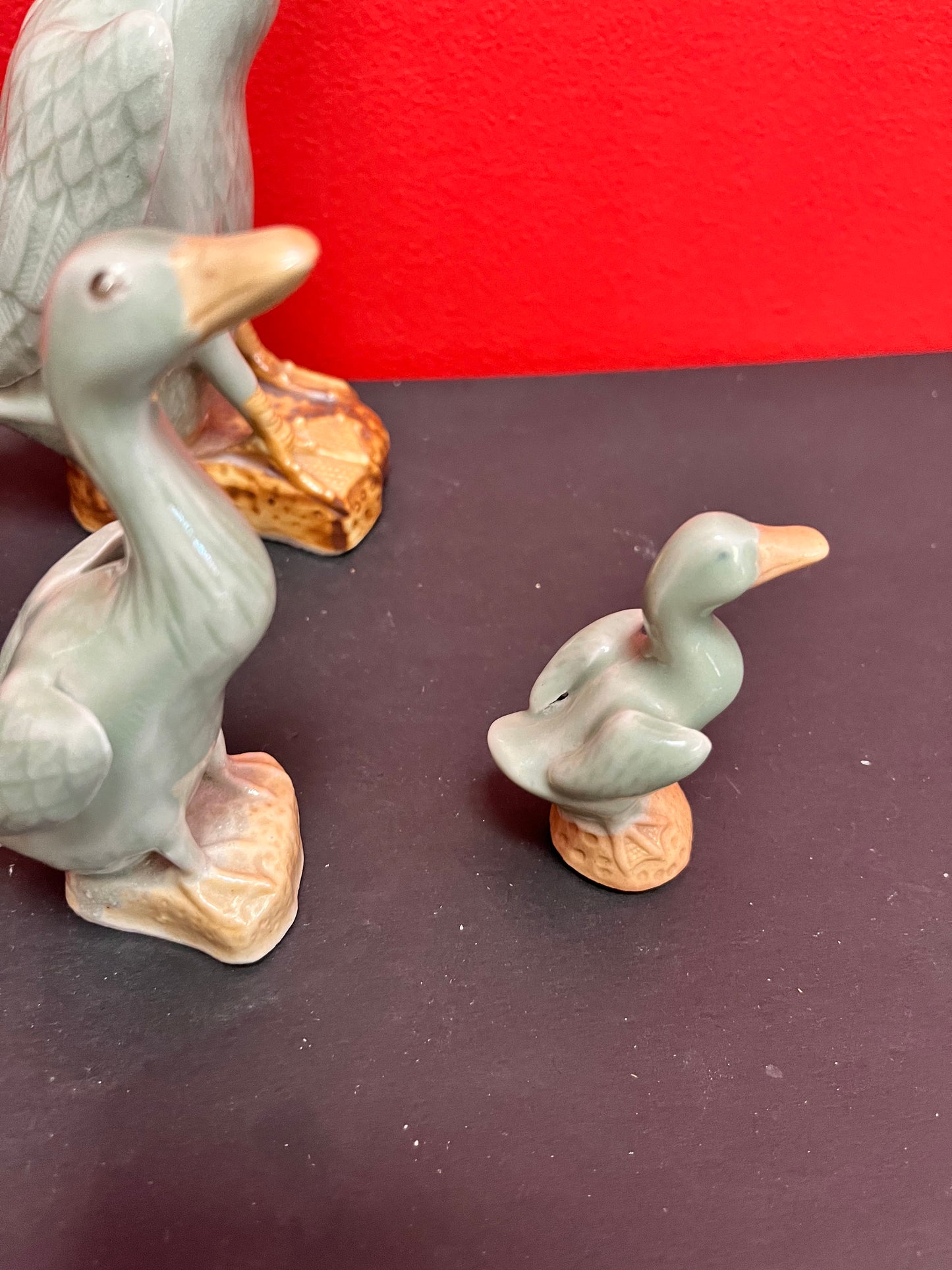 Set 4 Chinese  celadon ducks  biggest signed  3 to 9 inches tall