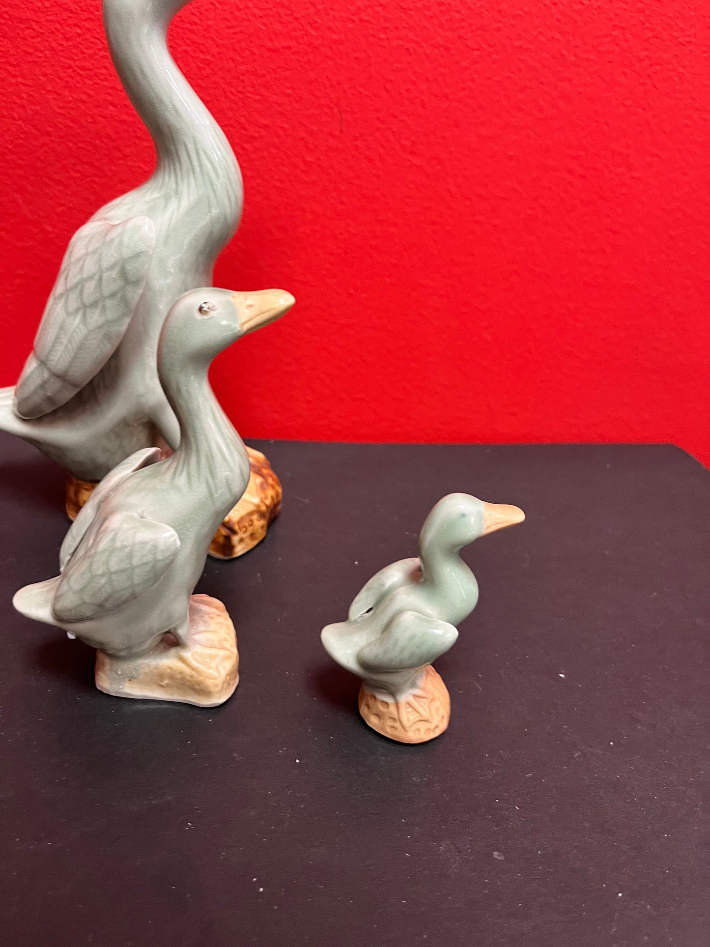 Set 4 Chinese  celadon ducks  biggest signed  3 to 9 inches tall