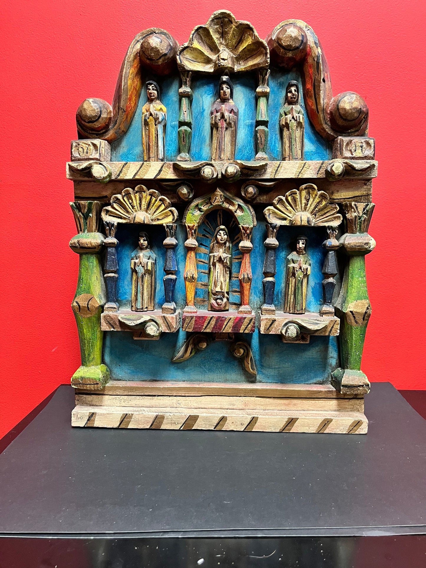 Stunning south American museum  quality antique super old religious shrine or wall hanging  22 x 15 x 3-  wonderful polychrome piece