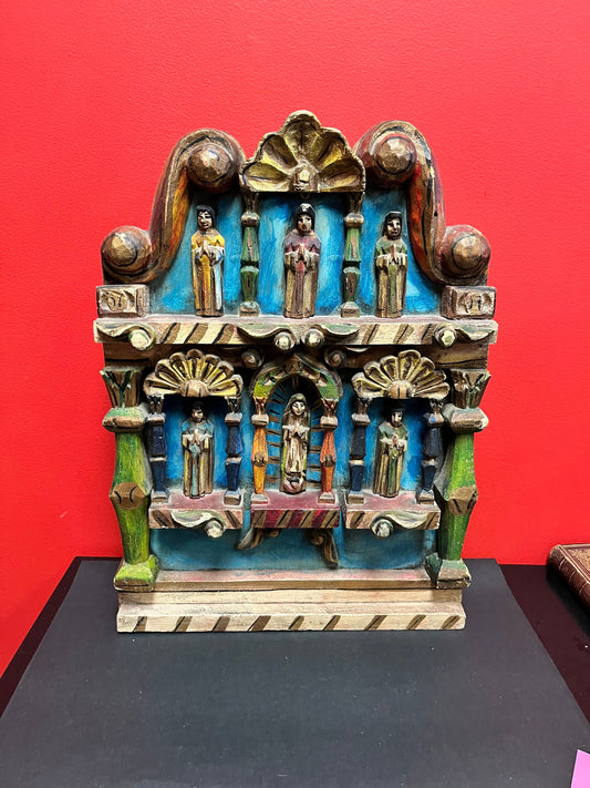 Stunning south American museum  quality antique super old religious shrine or wall hanging  22 x 15 x 3-  wonderful polychrome piece