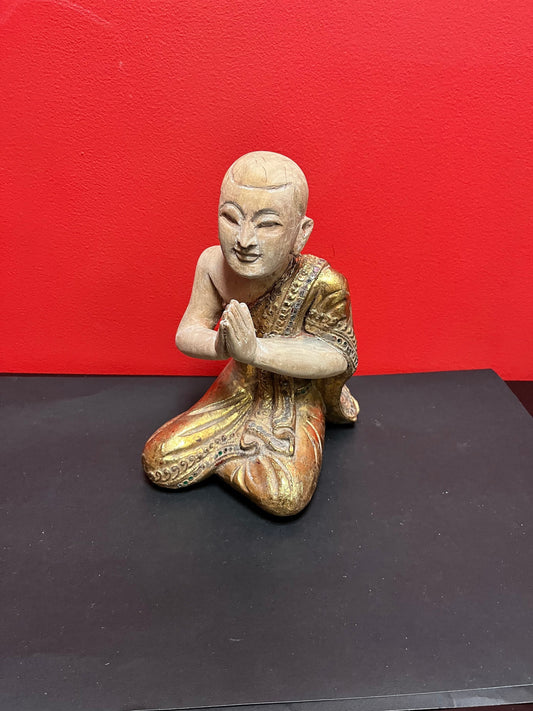 10 inch vintage Southeast Asian polychrome gilded statue of a monk / Buddha praying