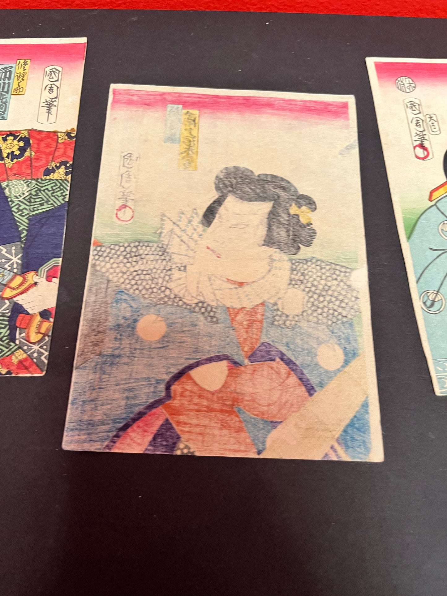 Utagawa kunichika 1835 - 1900 silk panels  3  geisha  - each approximate 7 by 4.5 inches  rare set