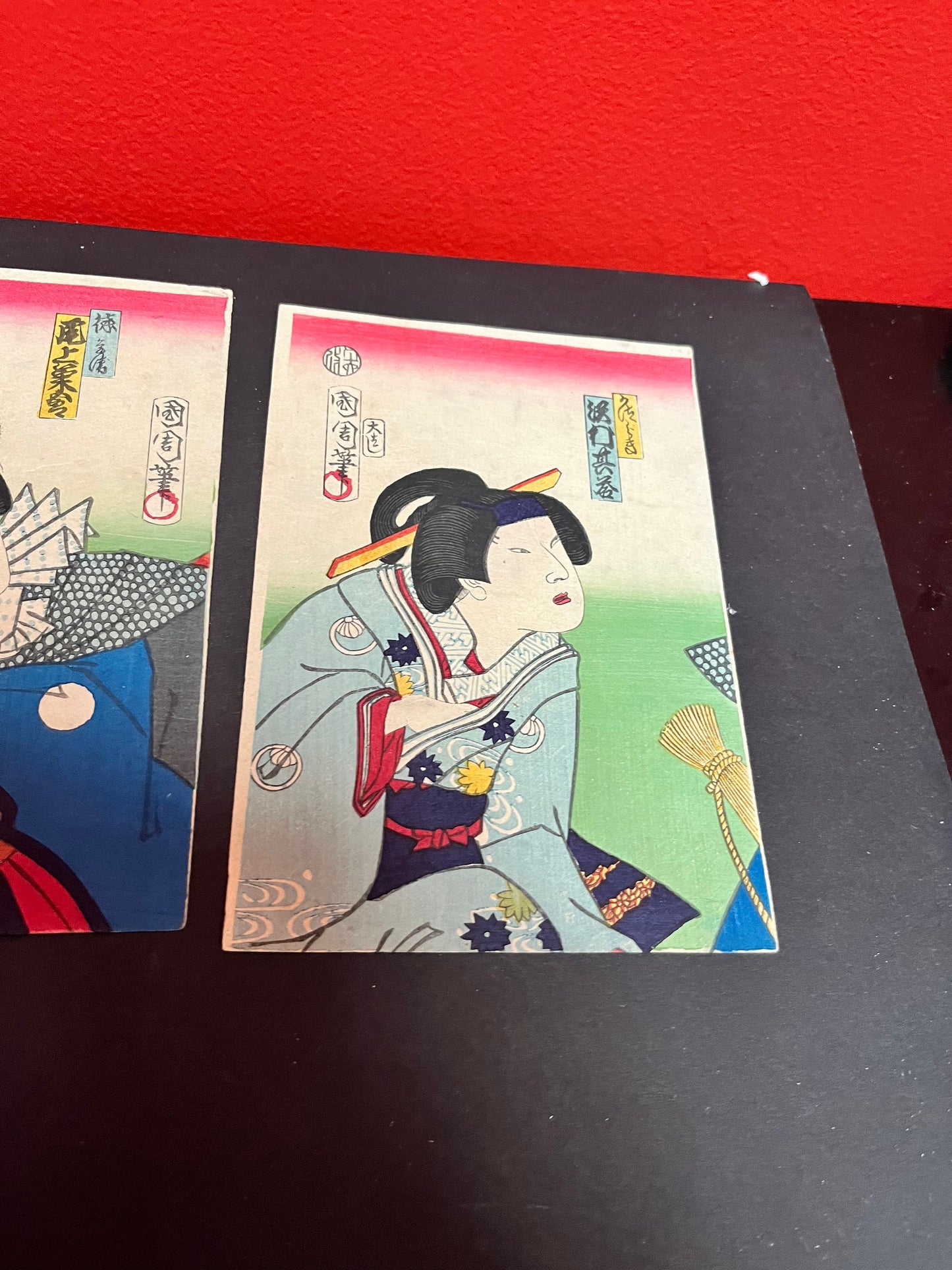 Utagawa kunichika 1835 - 1900 silk panels  3  geisha  - each approximate 7 by 4.5 inches  rare set