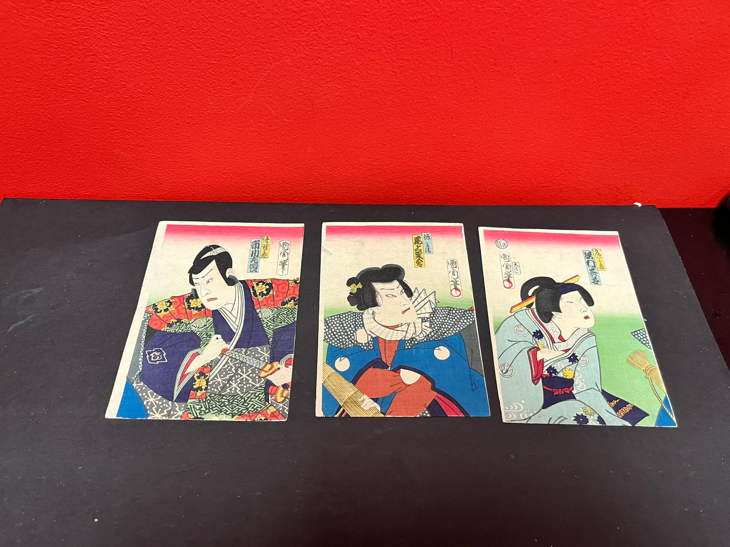 Utagawa kunichika 1835 - 1900 silk panels  3  geisha  - each approximate 7 by 4.5 inches  rare set