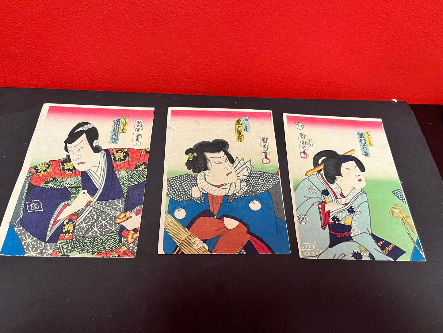 Utagawa kunichika 1835 - 1900 silk panels  3  geisha  - each approximate 7 by 4.5 inches  rare set