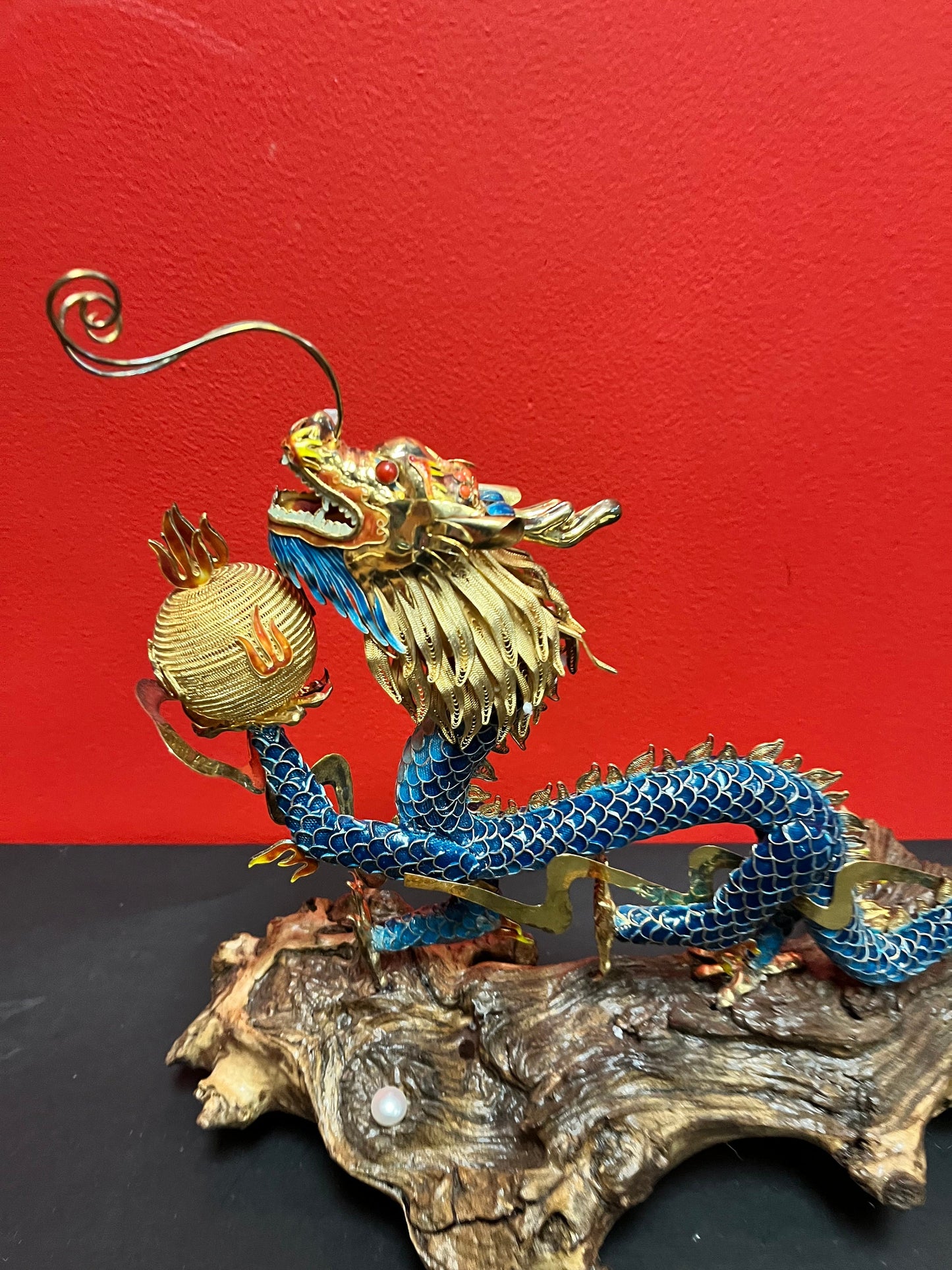 Antique Chinese 11 x 11 very well detailed cloisonné dragon on wooden base with pearl  good condition and heavy quality