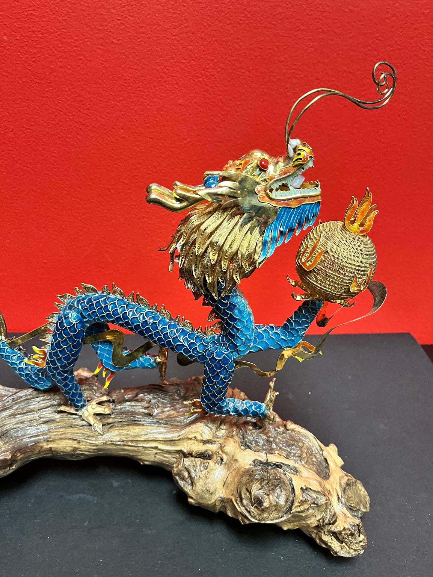 Antique Chinese 11 x 11 very well detailed cloisonné dragon on wooden base with pearl  good condition and heavy quality