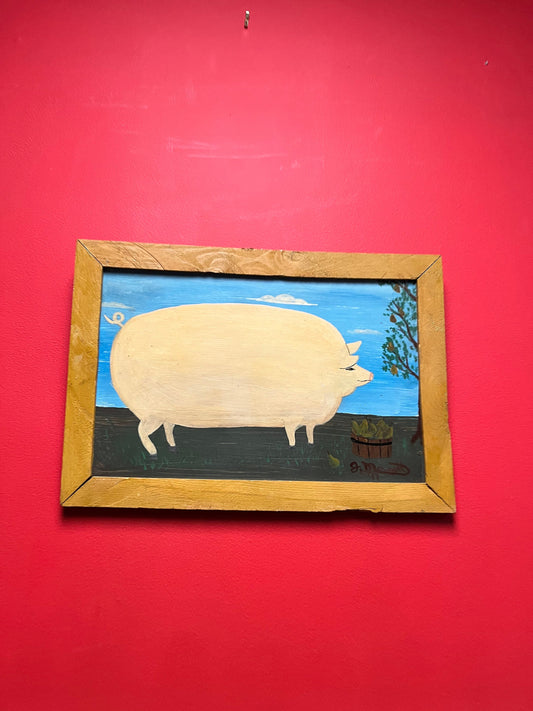 20 x 14 high late 20th century West Coast Canadian signed folk art piggy painting on board  farm cool