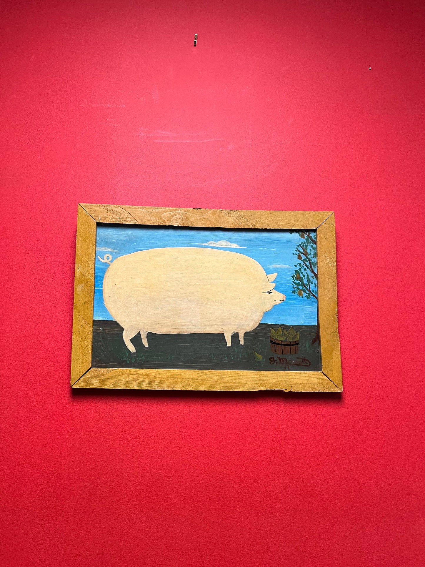 20 x 14 high late 20th century West Coast Canadian signed folk art piggy painting on board  farm cool