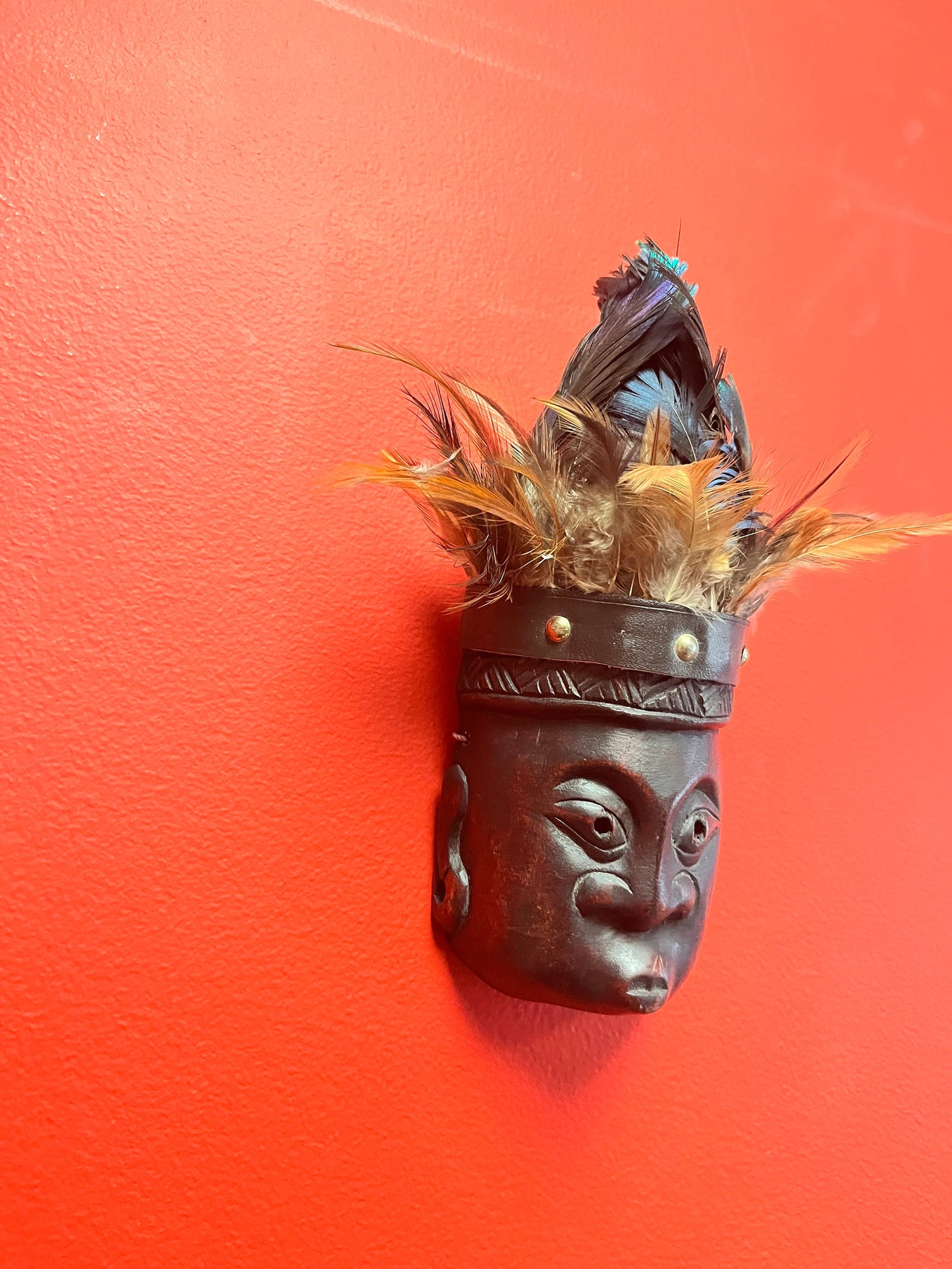 Crazy cool 10 inch high wood and peacock feather South Pacific island mask   10 inches tall