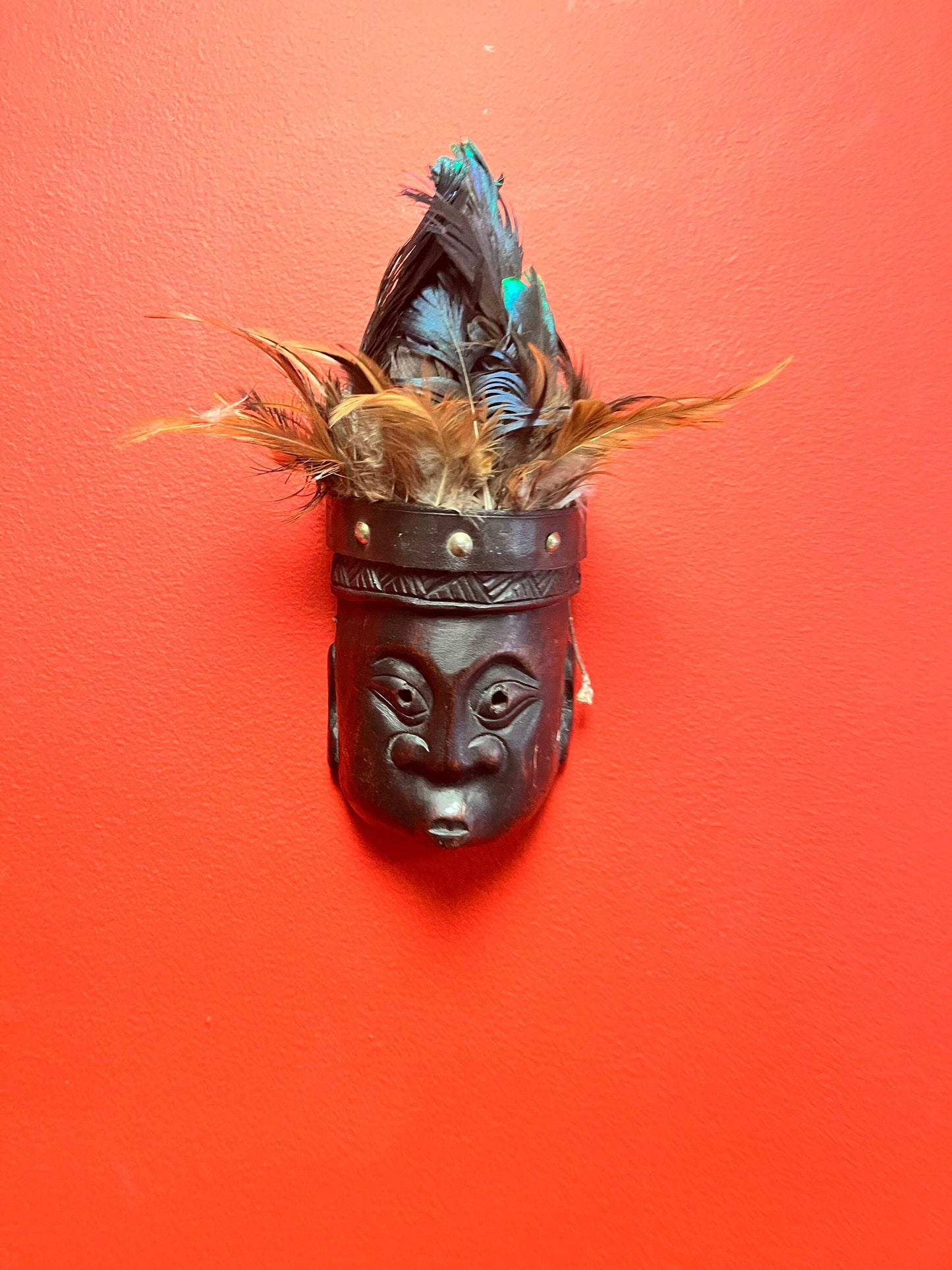 Crazy cool 10 inch high wood and peacock feather South Pacific island mask   10 inches tall