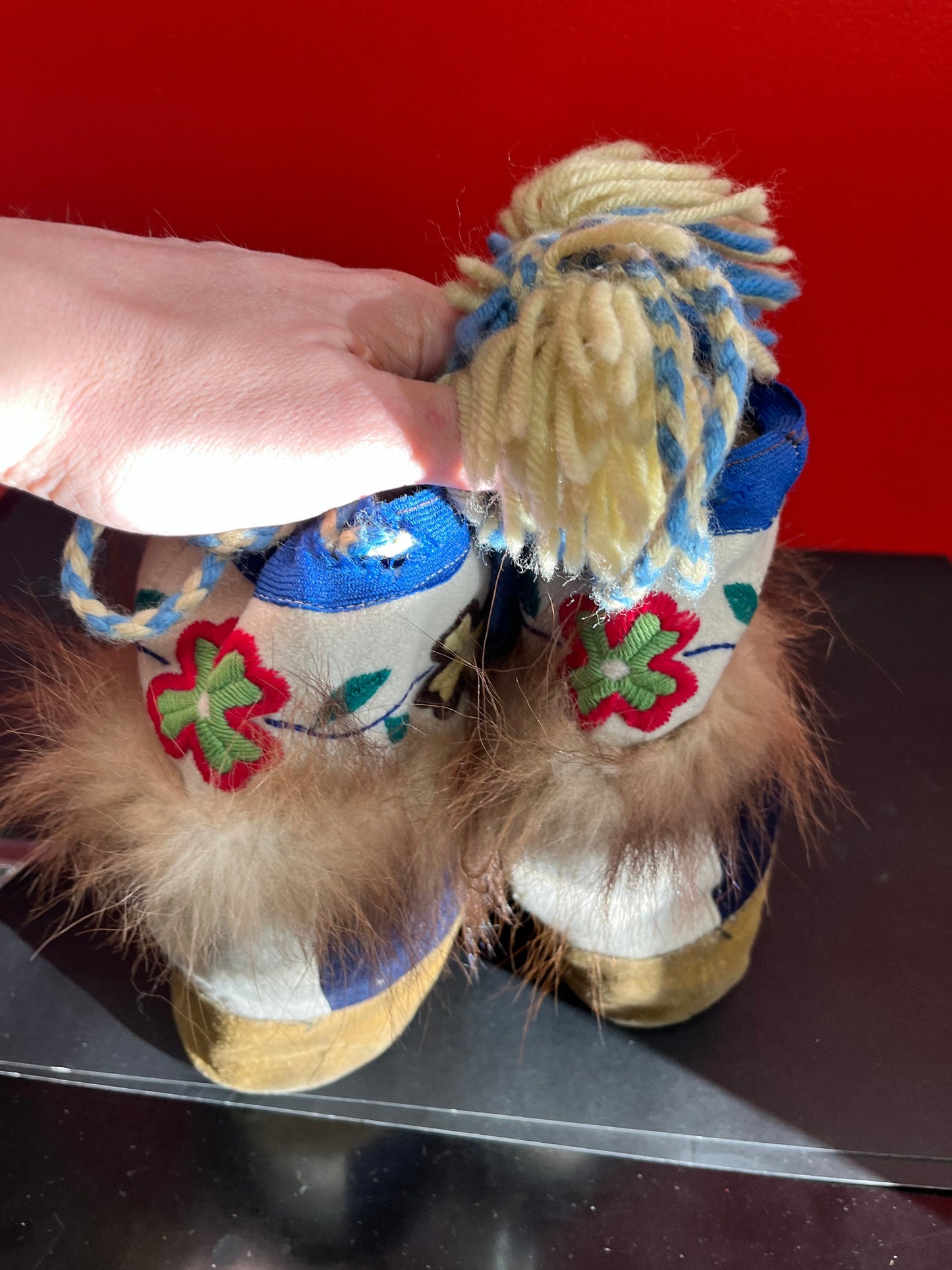 Fabulous indigenous 10 x 9 high authentic antique felt fur and leather moccasin boots  great condition