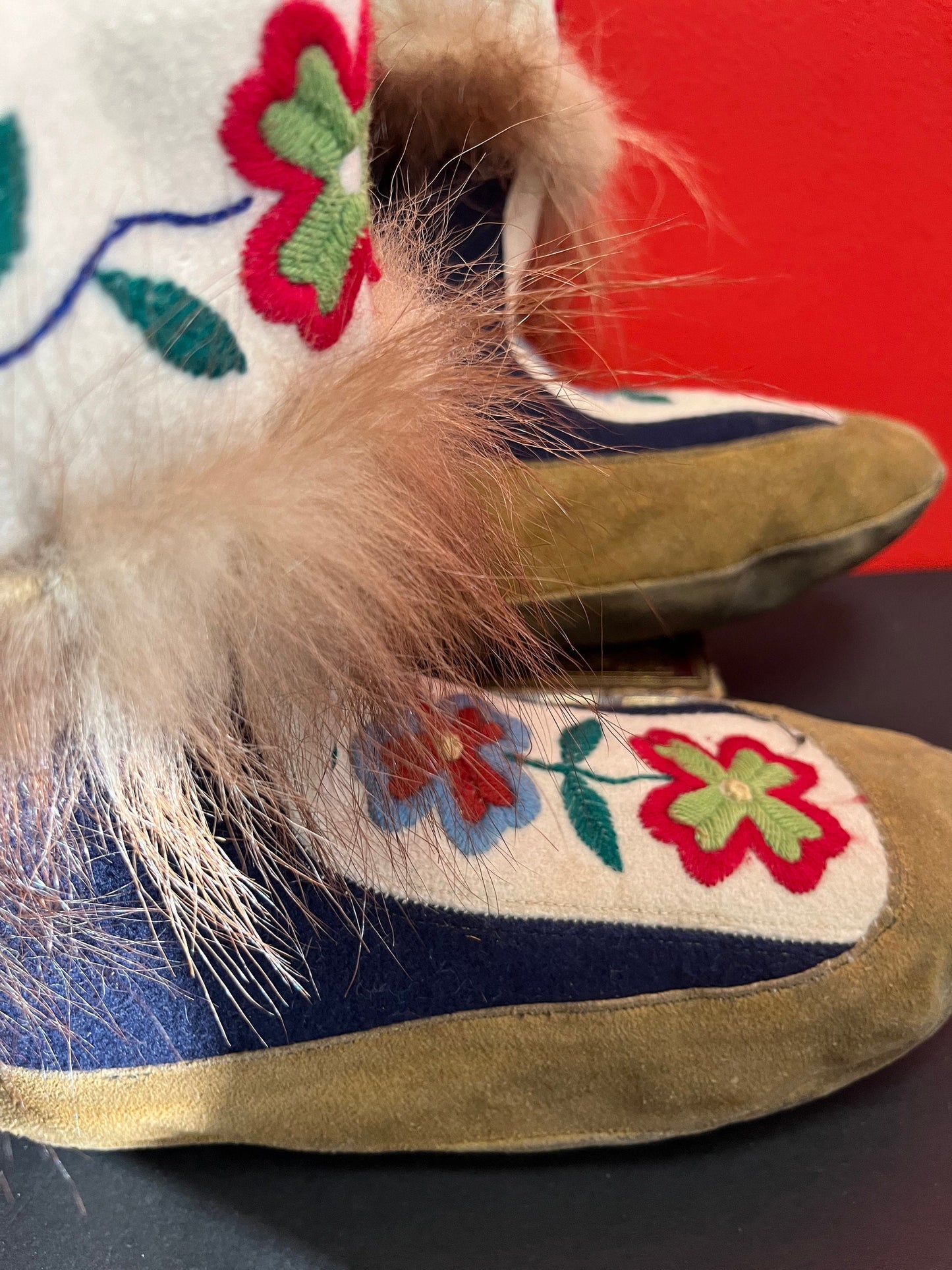 Fabulous indigenous 10 x 9 high authentic antique felt fur and leather moccasin boots  great condition