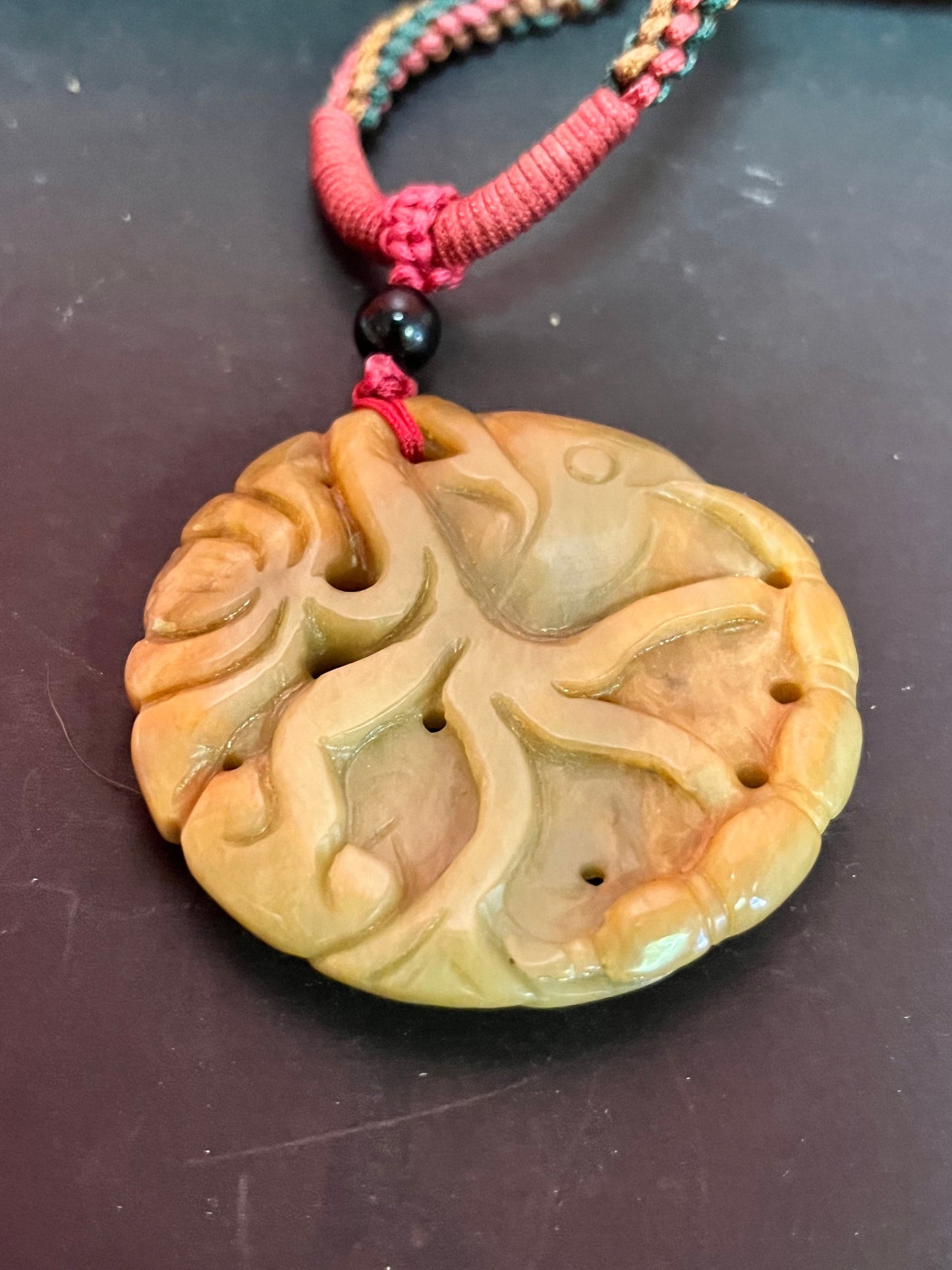 Fabulous old Chinese Jade 2 1/2 inch pendant depicting Koi fishes  24 inch Chinese necklace attached  lovely gift