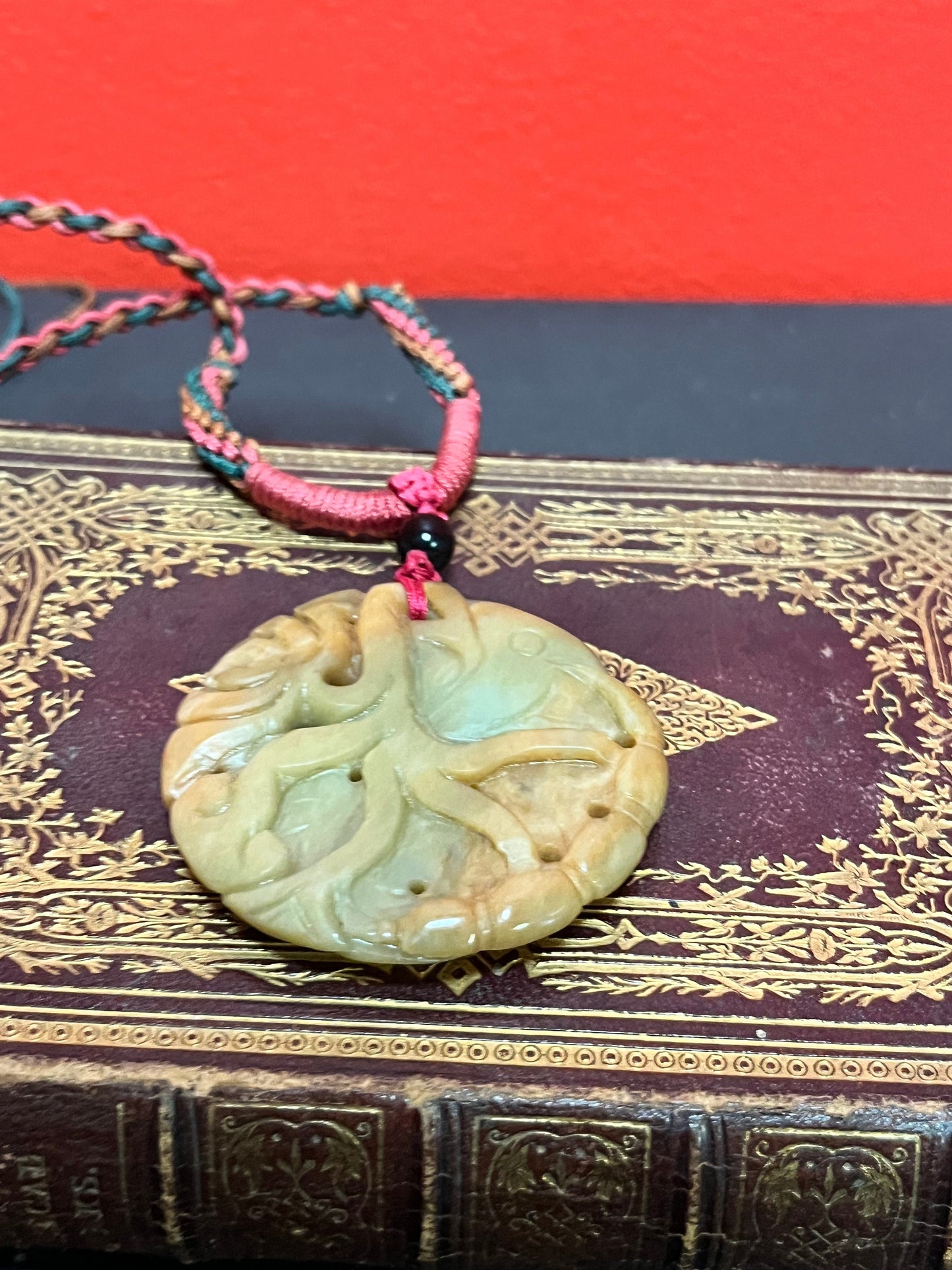 Fabulous old Chinese Jade 2 1/2 inch pendant depicting Koi fishes  24 inch Chinese necklace attached  lovely gift