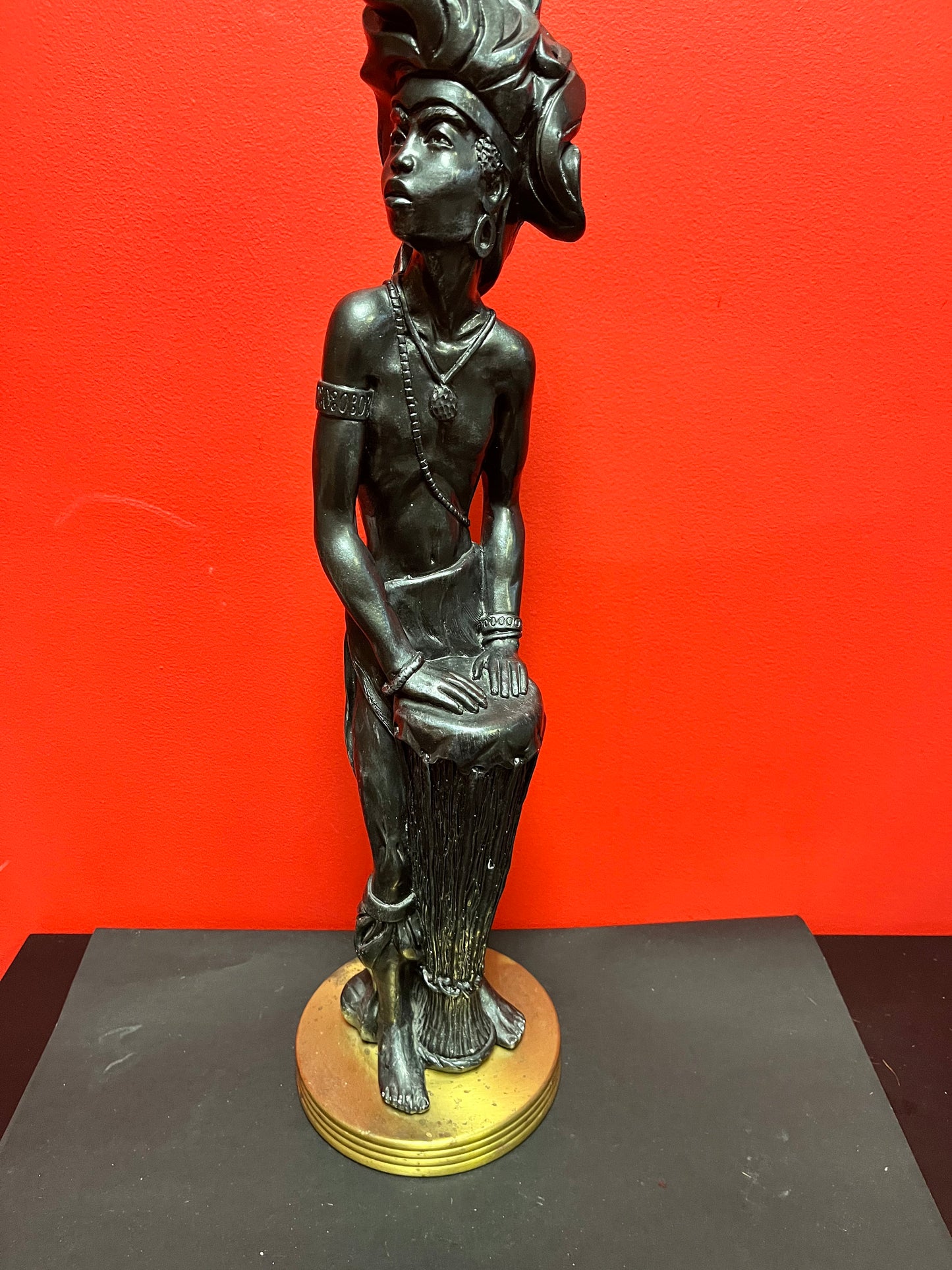 Fabulous 26 x 7 wide bronze spelter African statue of a drummer