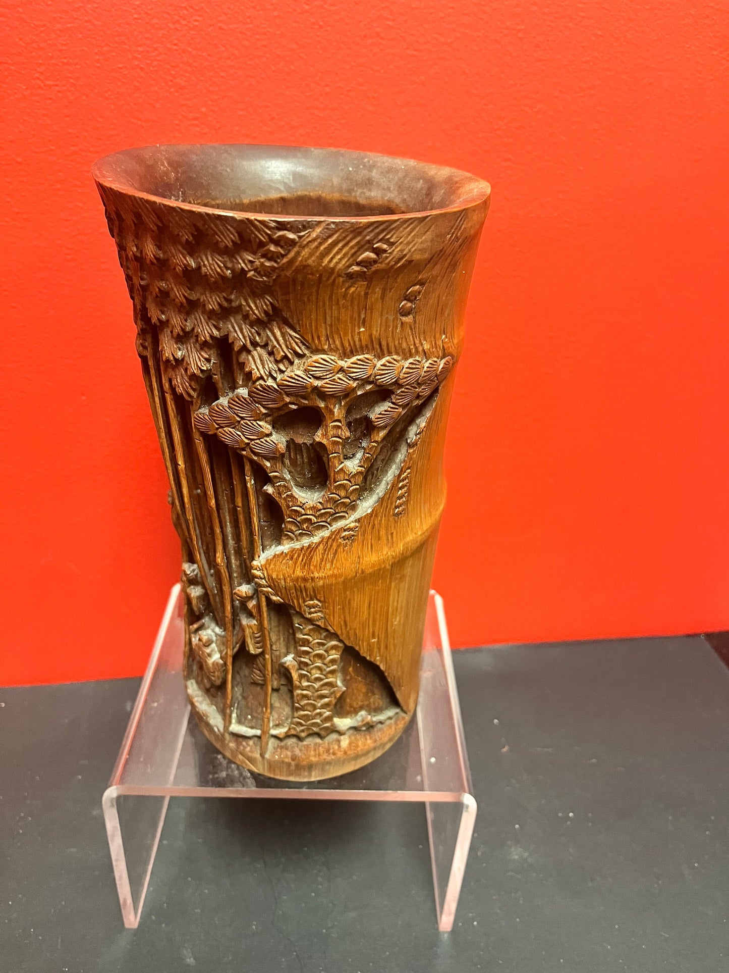 9 1/2 inch tall antique authentic 19 century bamboo hand carved brush pot - amazing condition and intense carving  wow