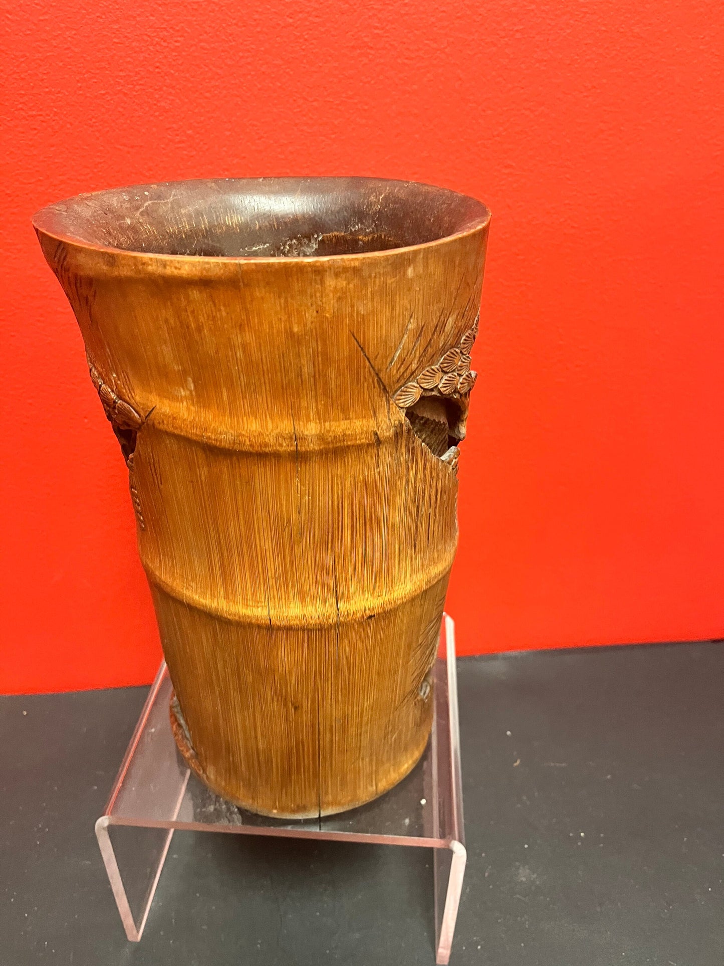 9 1/2 inch tall antique authentic 19 century bamboo hand carved brush pot - amazing condition and intense carving  wow