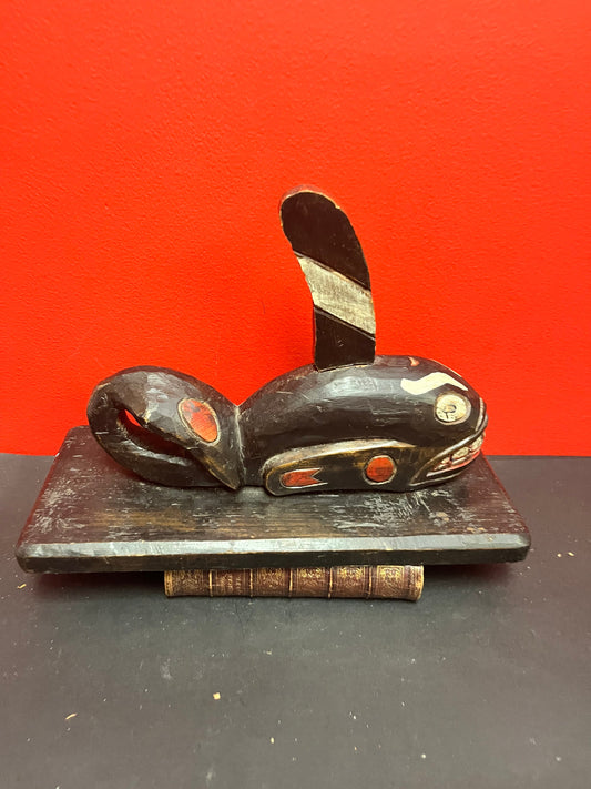 12 x 5 x 10 high indigenous, first nations Haida cedar, painted polychrome killer whale on stand  attributed to Amber Johnson  wow