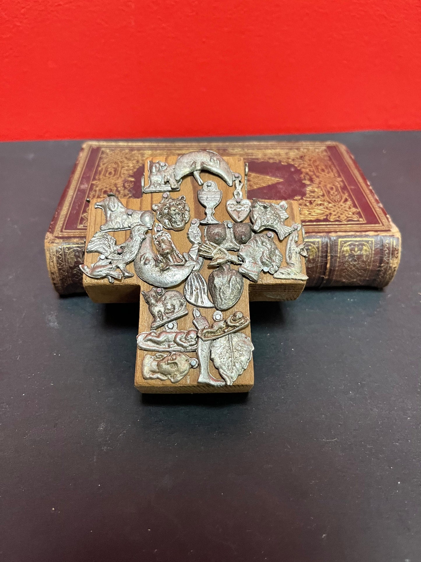 4 x 4 x 1 Mexican religious Silver and wood Cross  hangs  very cool