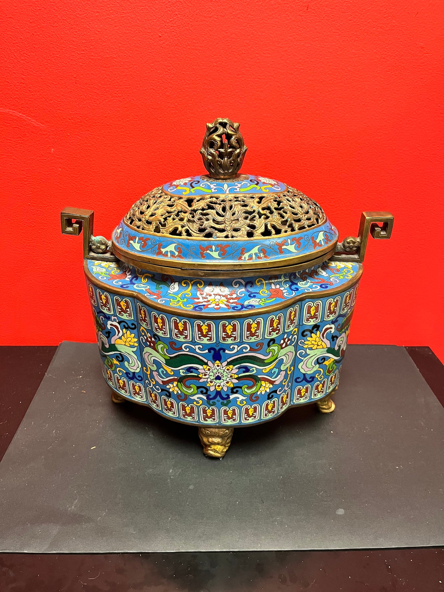 15 x 17 inch high stunning antique Chinese cloisonné and gilt lidded vessel with lid  amazing condition and detail - wow