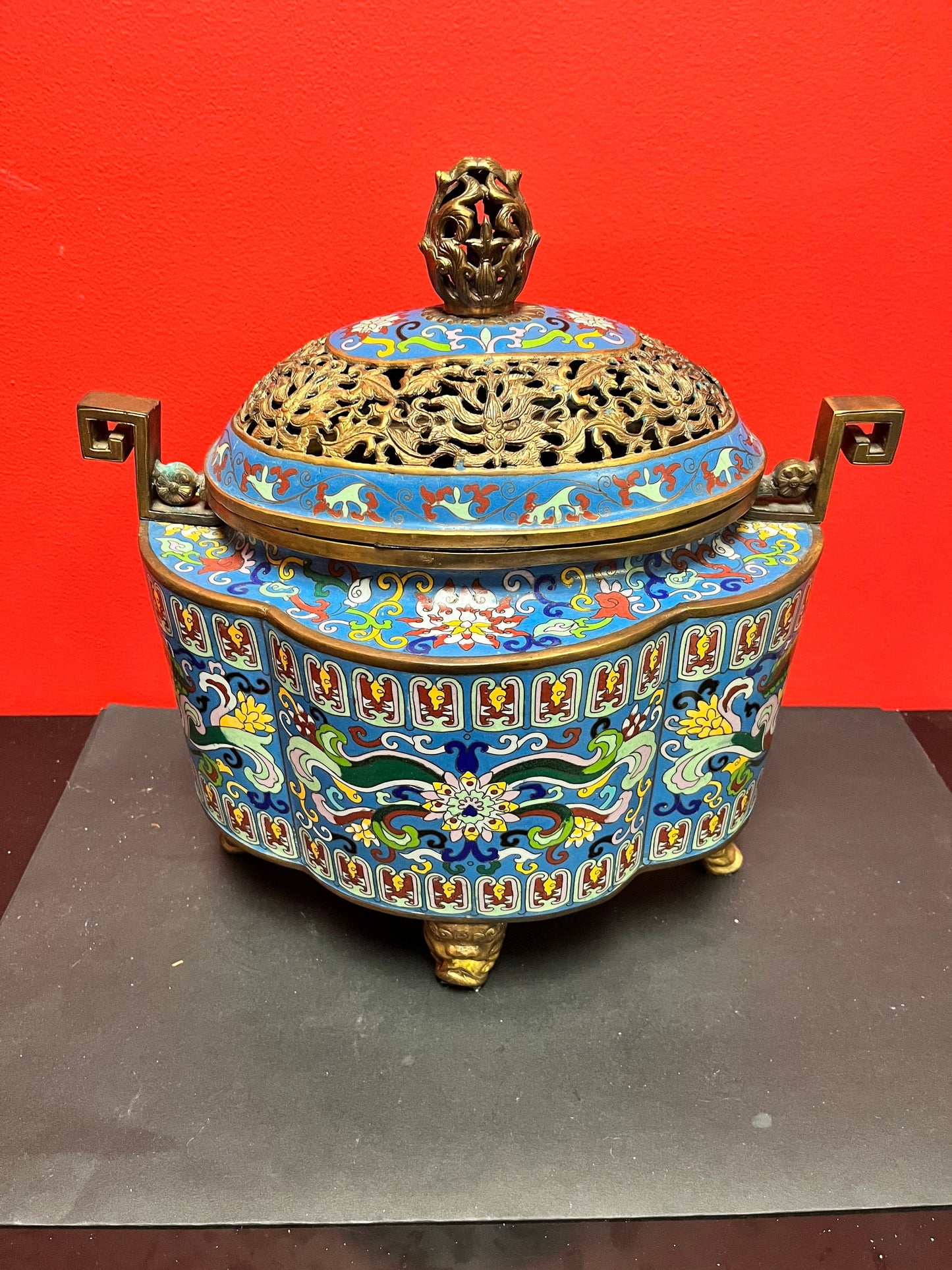 15 x 17 inch high stunning antique Chinese cloisonné and gilt lidded vessel with lid  amazing condition and detail - wow