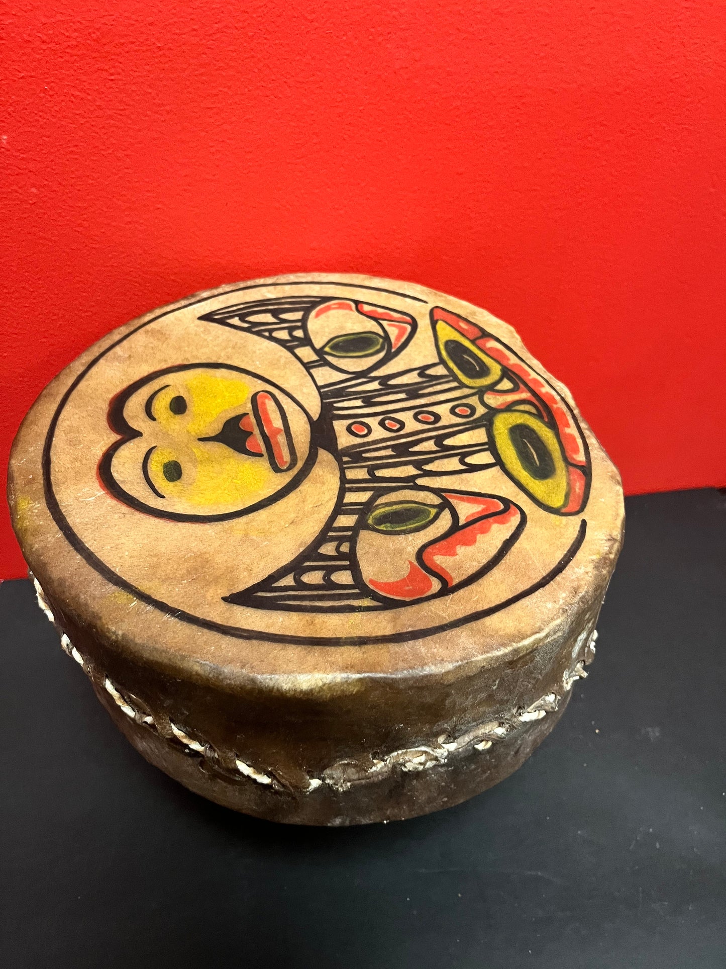 Stunning 10 by 5 inch deep museum quality indigenous first Nations Pacific Northwest coast antique drum with great sound  wow