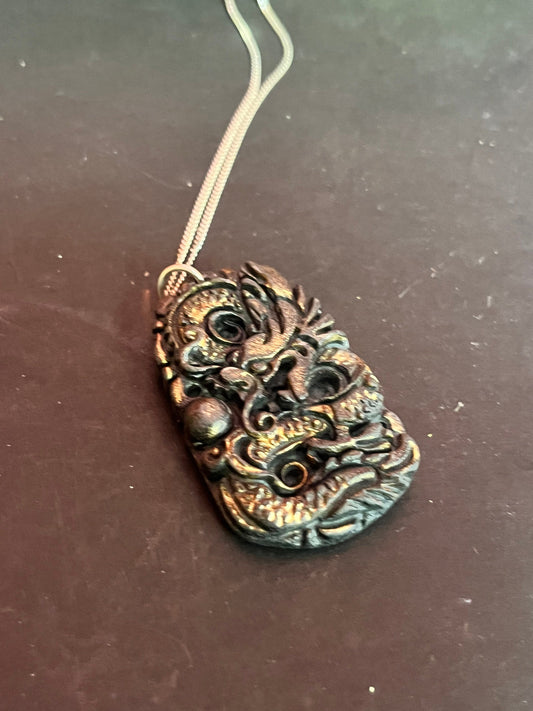 Two inch stone Chinese dragon pendant with silver necklace