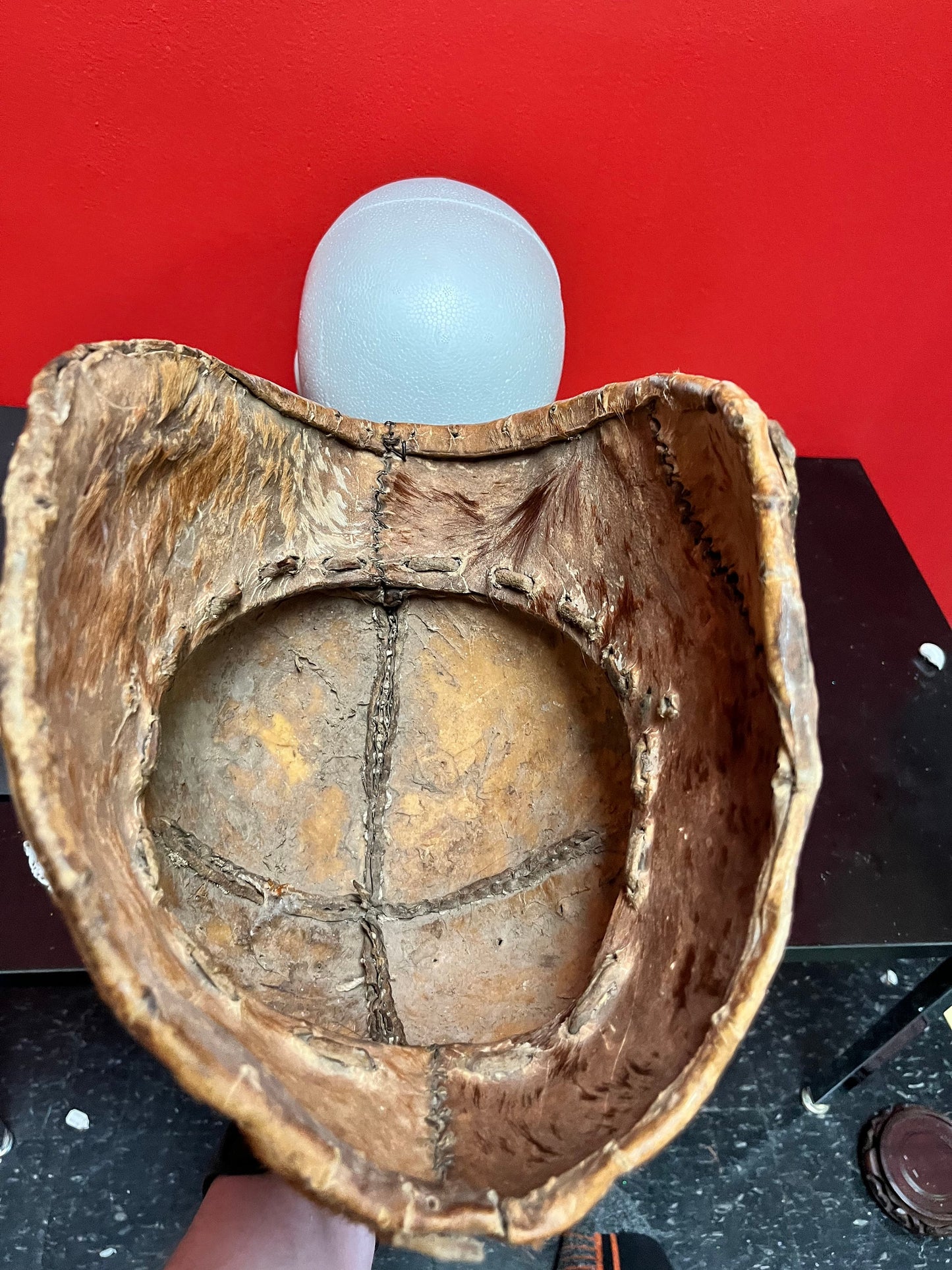 13 x 7 inch wide leather and fur African safari helmet  19 century - very unique   good condition, museum quality