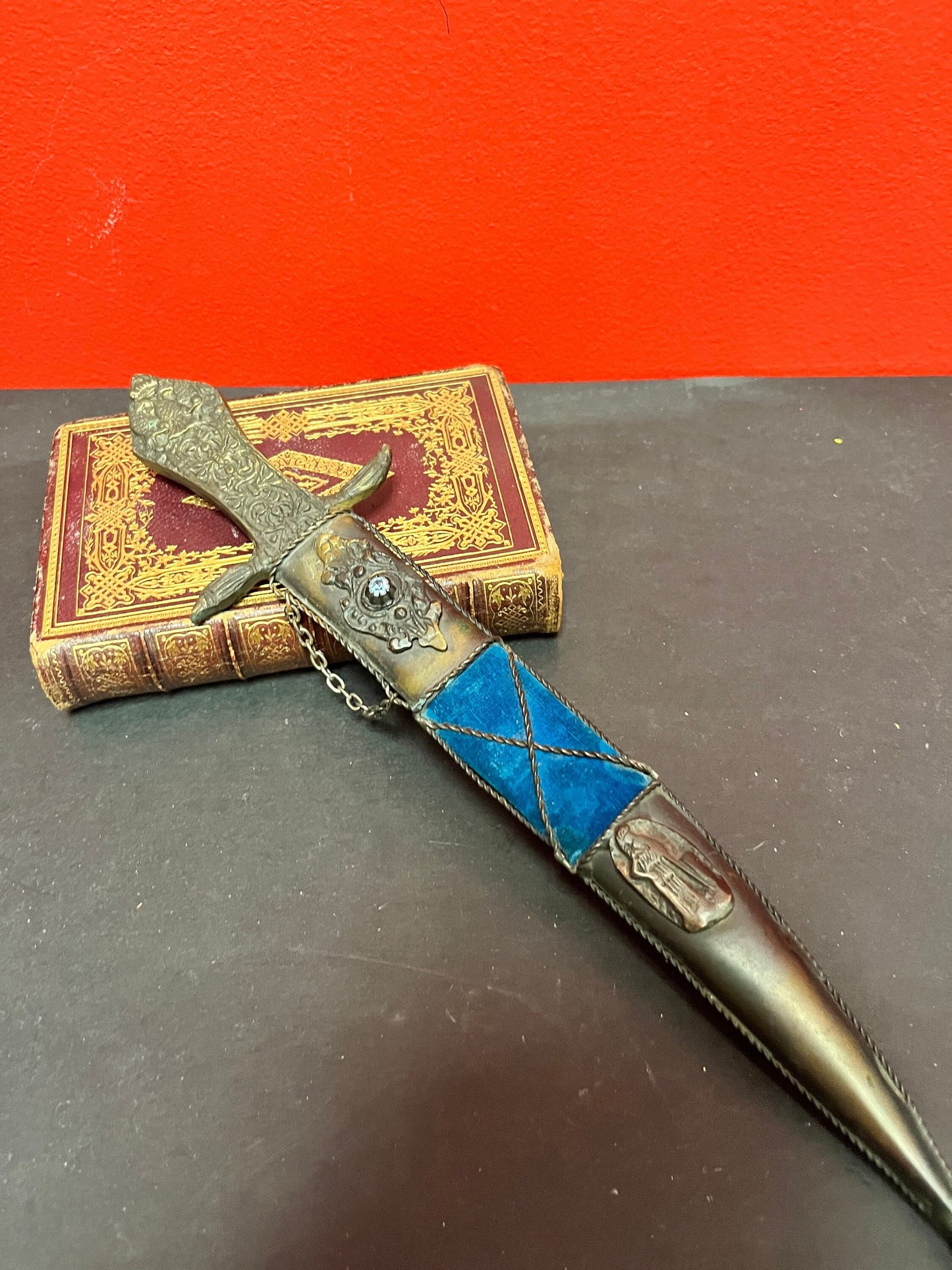 14 inch Middle Eastern bronze dagger in sheaf! Very unique.