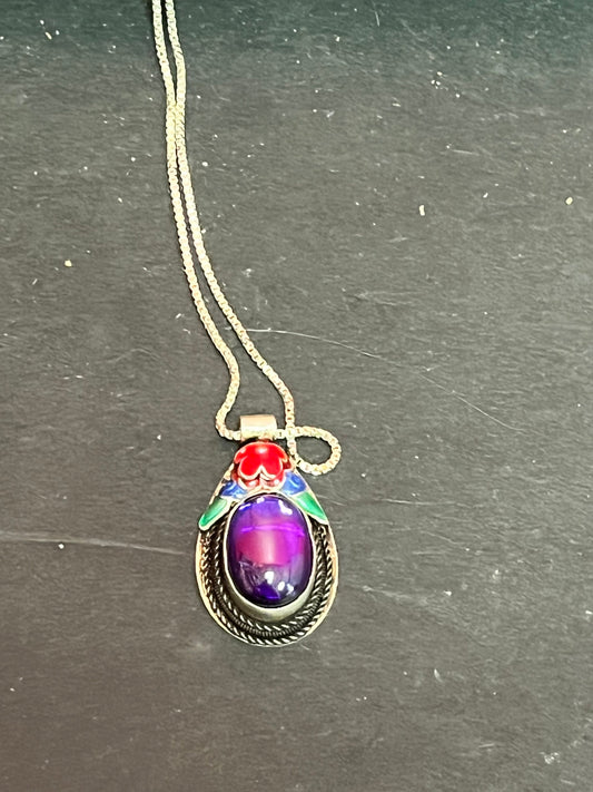 Beautiful, small Chinese sign d sterling and enamel pendant with amethyst  comes with silver chain