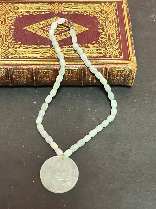 14 inch beautiful Chinese jade necklace with one and a half inch Buddha pendant stunning