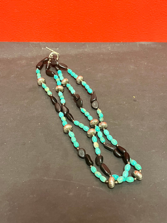 Approximately 18 inches long total 36 inch double strand, turquoise,  silver and jet black stone necklace