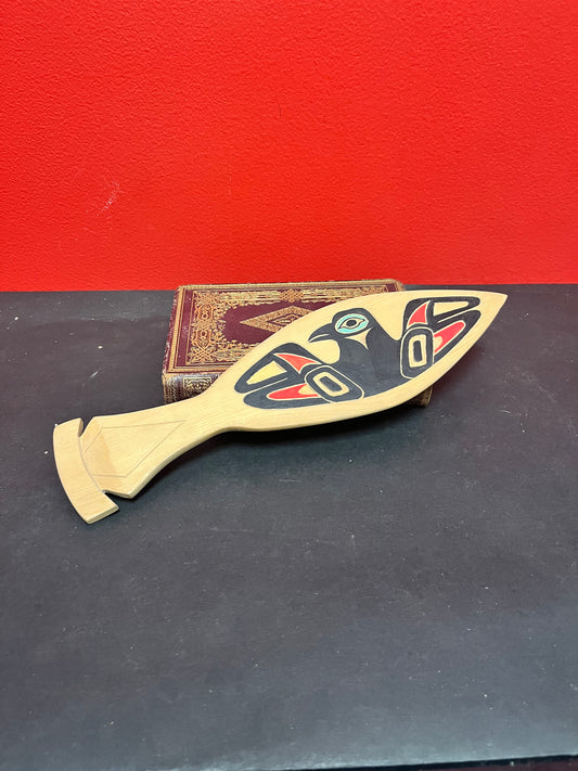 Unsigned 12 inch carved and painted cedar paddle - indigenous first nations pacific northwest coast