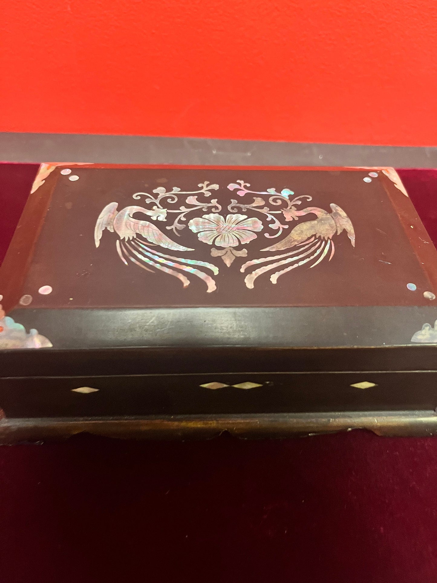 7 x 4 x 2 Asian lacquer box with mother of pearl inlay  divine detailing and quality