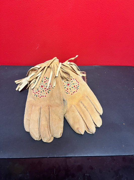 Lovely antique 10 inch leather and beaded gloves  indigenous First nations pacific northwest coast . Nice condition