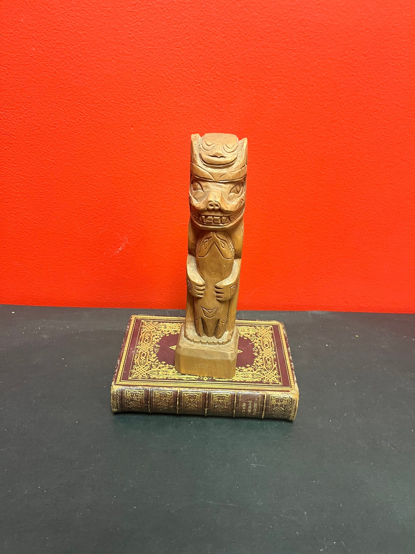 Lovely older 8 inch indigenous first nations pacific northwest coast cedar bear totem pole  great detail