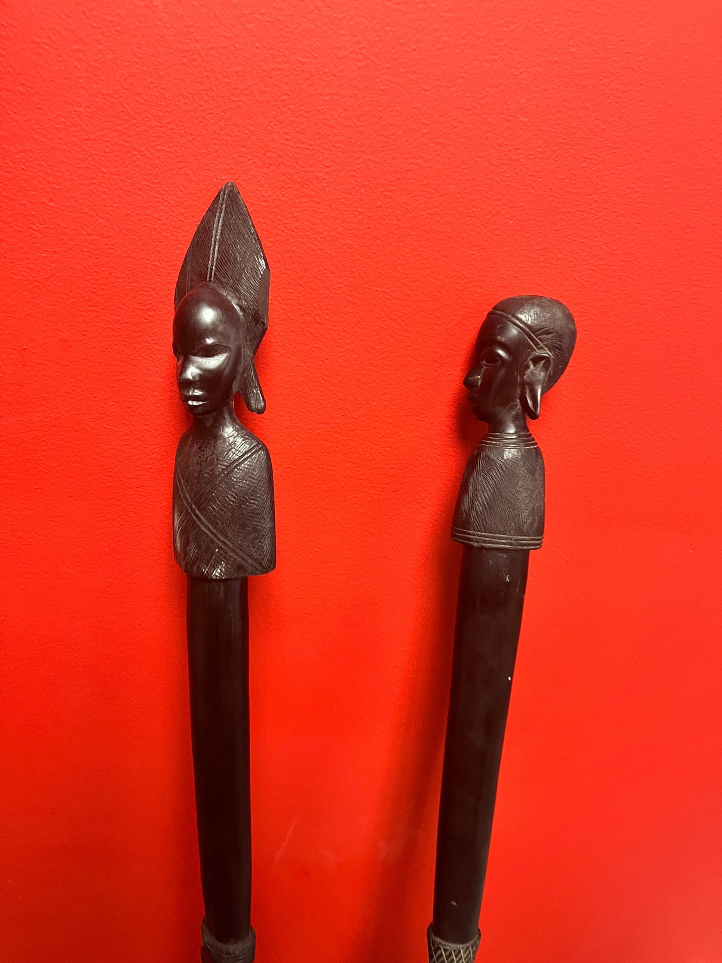 Pair Stunning 34 inch 1960s museum quality Ebony wooden power dance spears  Tanzanian beauties