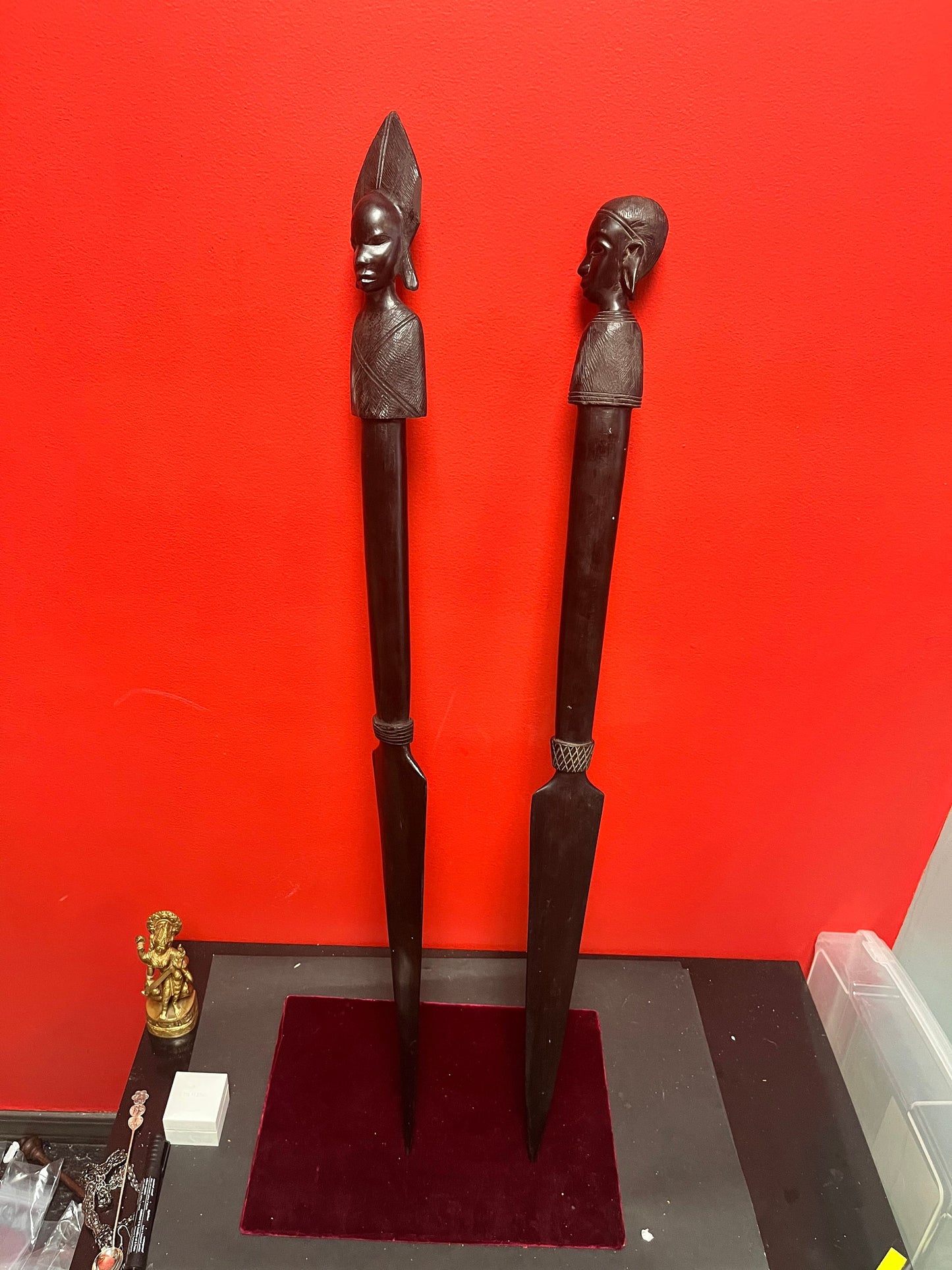 Pair Stunning 34 inch 1960s museum quality Ebony wooden power dance spears  Tanzanian beauties