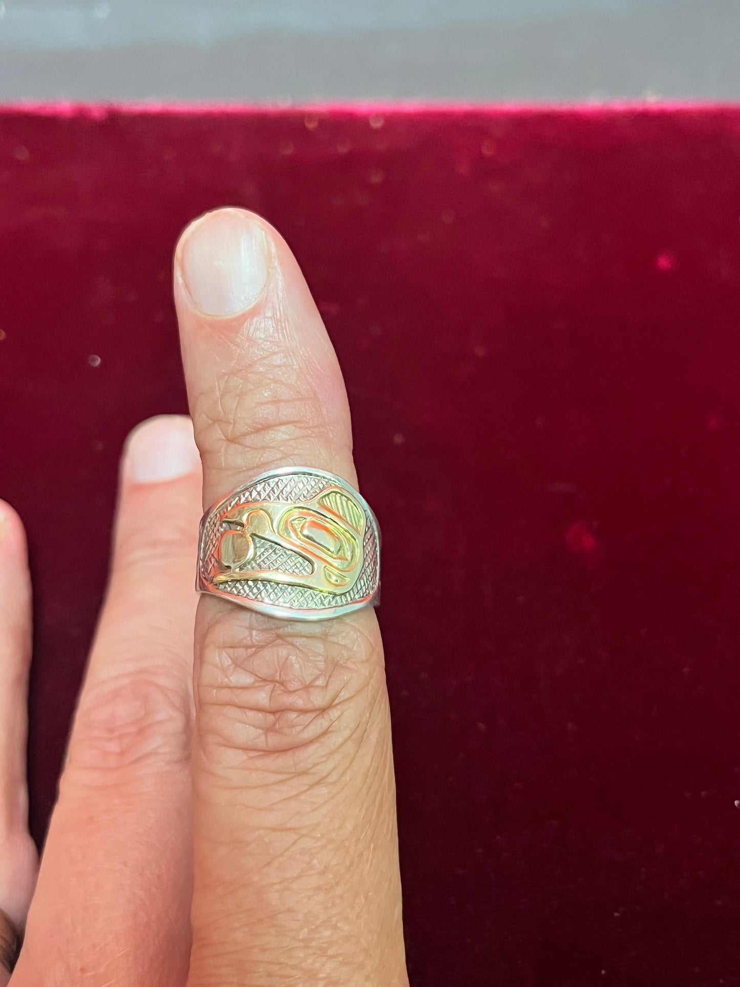 Sterling and gold size 8 Indigenous, first nations pacific northwest coast ring   Robert cross  fabulous piece