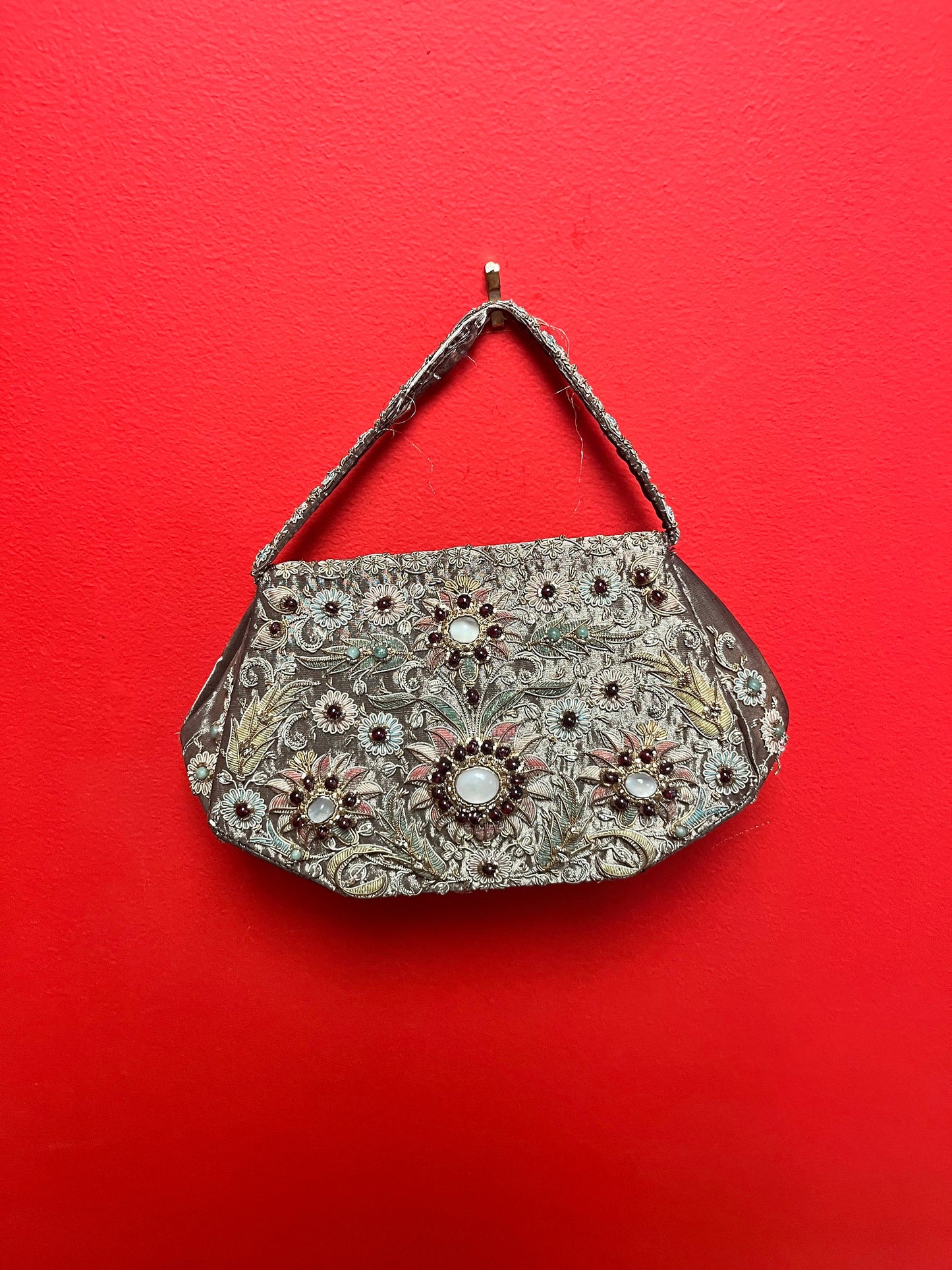 10 x 9 high rare Mughal purse with moonstone jade and real silver and gold - spectacular piece  wow  as is on handle