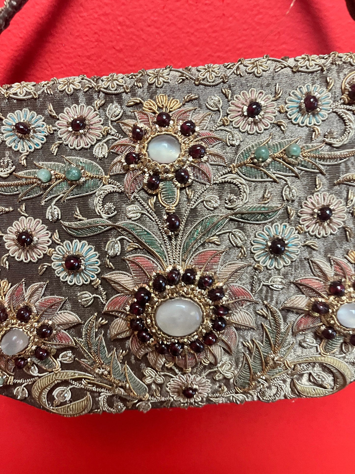 10 x 9 high rare Mughal purse with moonstone jade and real silver and gold - spectacular piece  wow  as is on handle