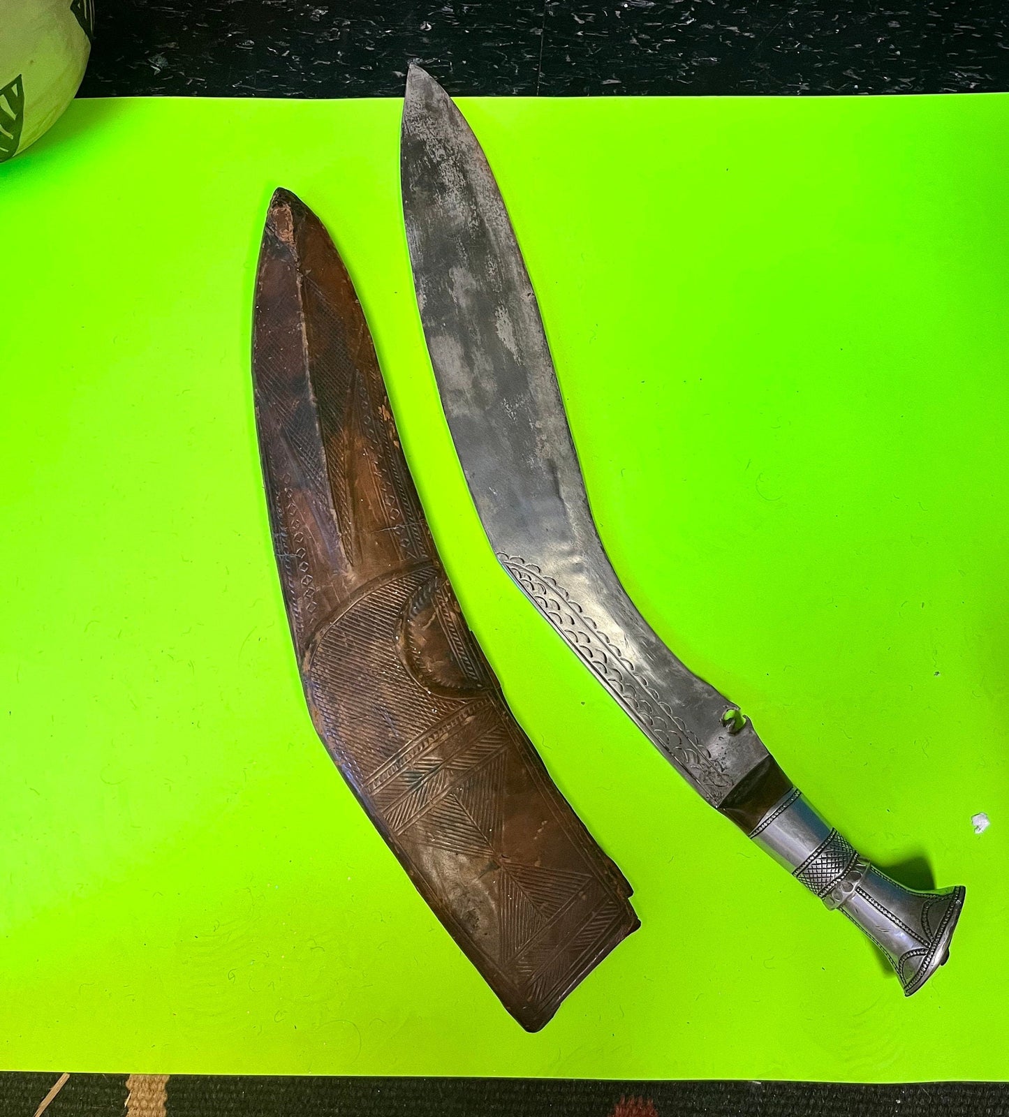 Huge two foot-long antique Indian Gurkha  knife in leather sheaf  stunning piece of Indian history