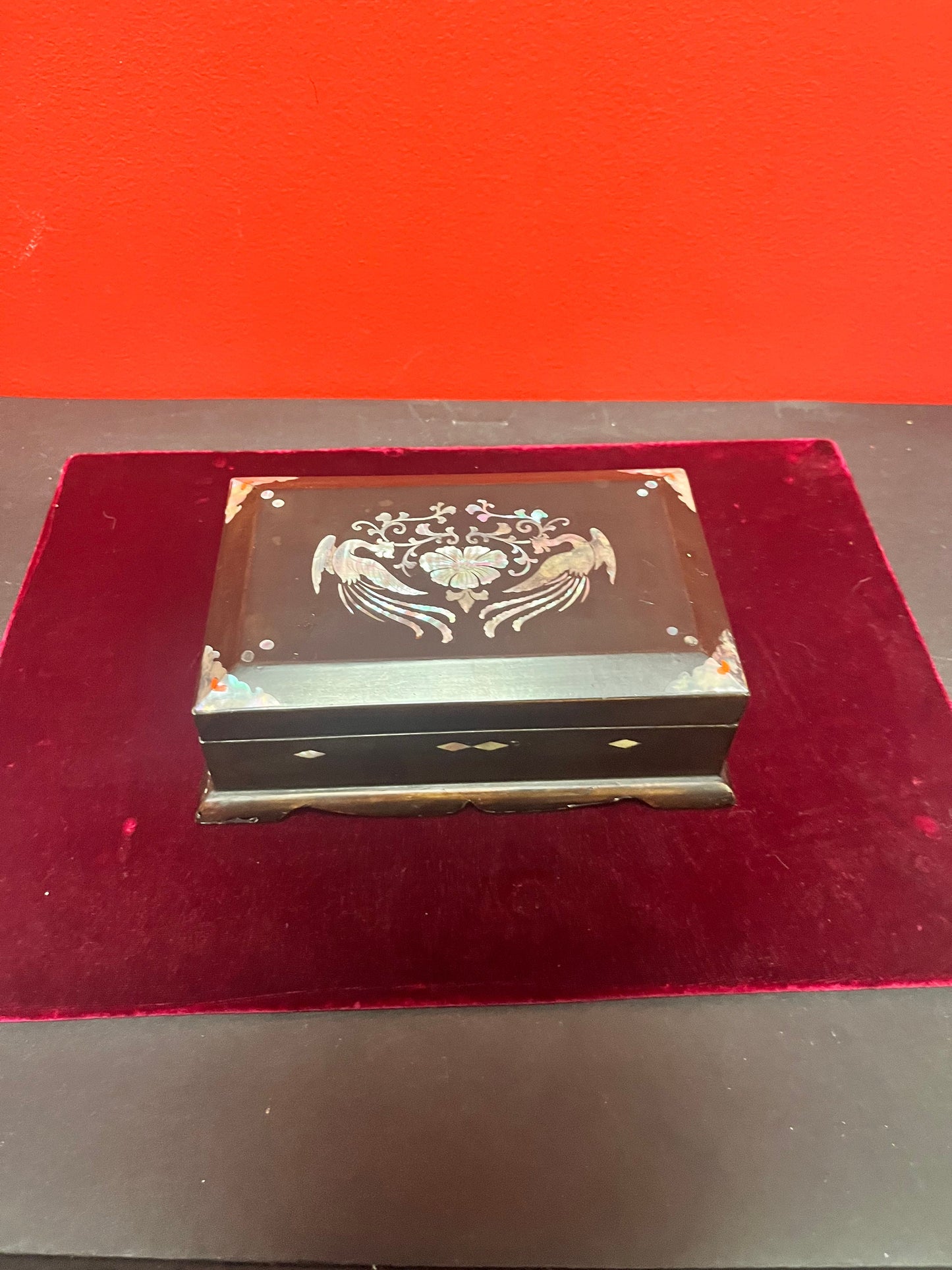 7 x 4 x 2 Asian lacquer box with mother of pearl inlay  divine detailing and quality