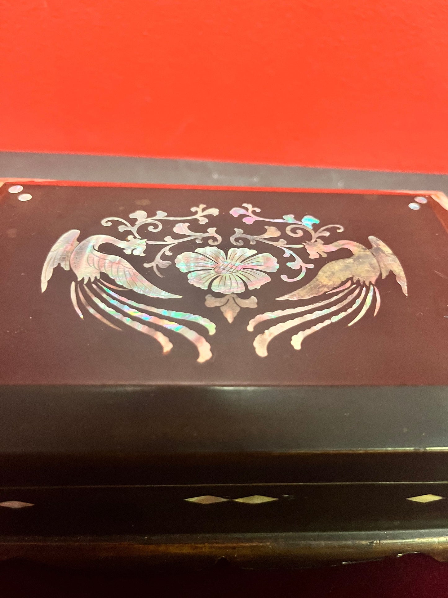 7 x 4 x 2 Asian lacquer box with mother of pearl inlay  divine detailing and quality