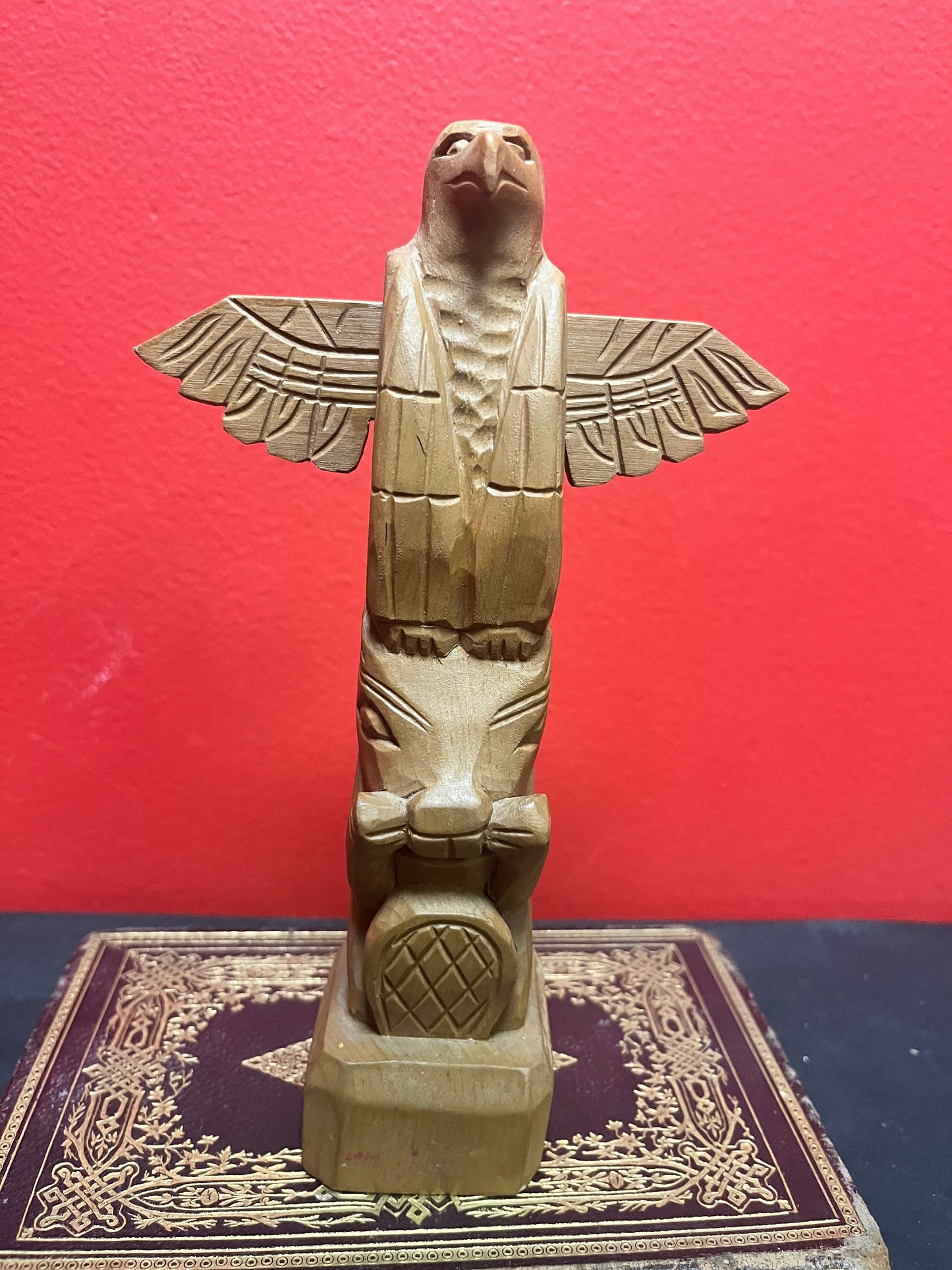 A  Lovely older 8 inch indigenous first nations pacific northwest coast cedar eagle to bear transformation totem pole  great detail