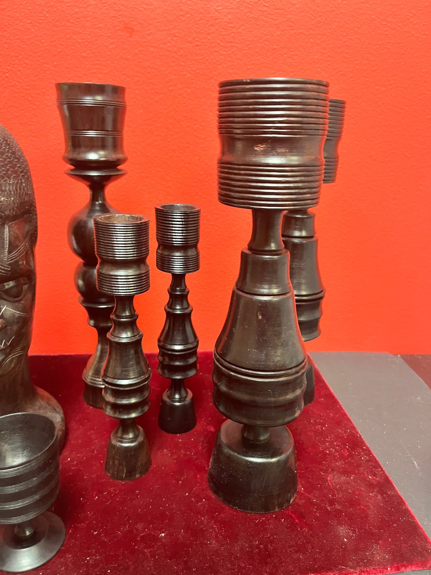 African 1960s wood Ebony lot  beautiful, bust and tall candle sticks 9 inches tall  unbelievable quality  great value for gifts or resell