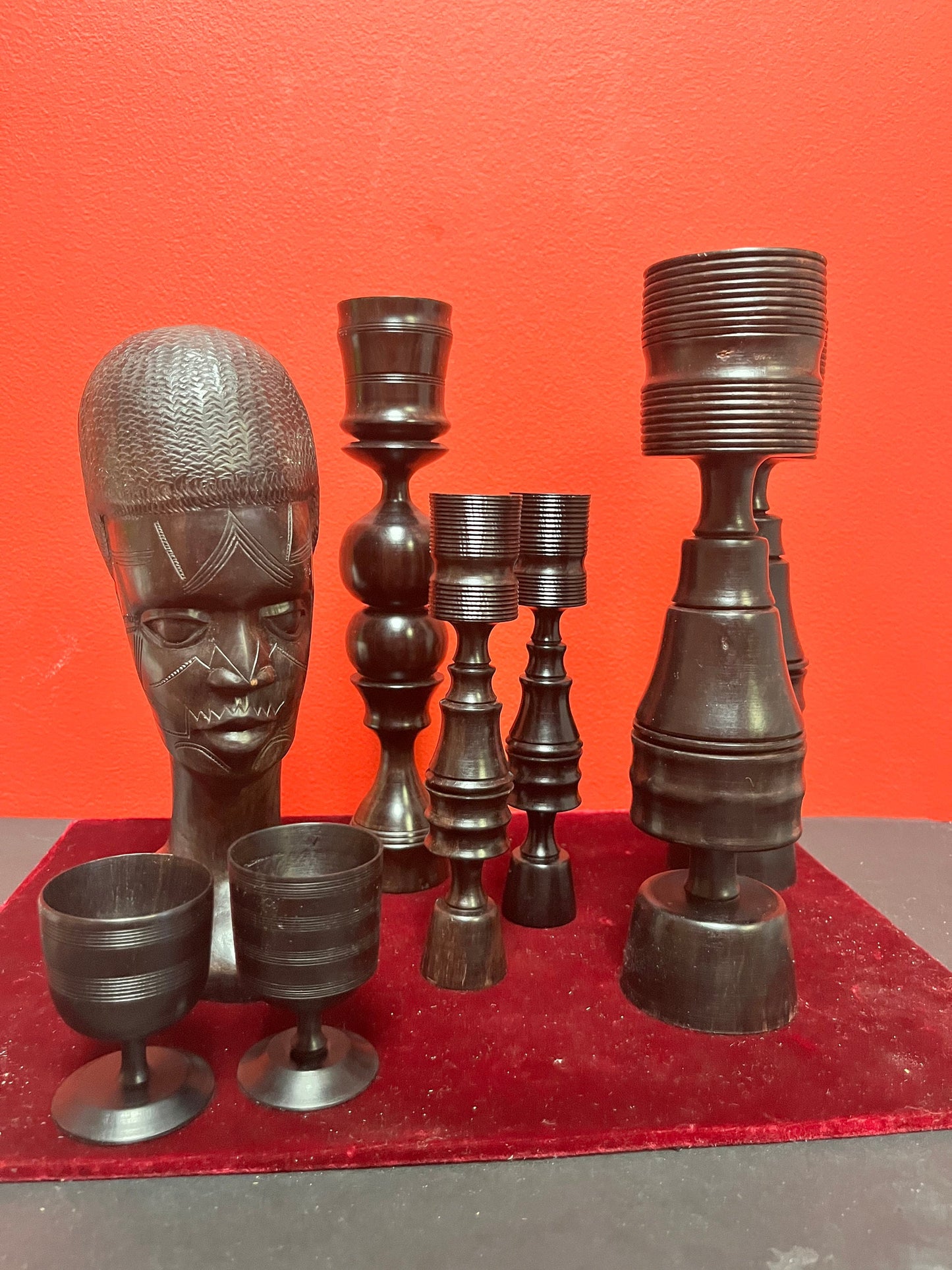 African 1960s wood Ebony lot  beautiful, bust and tall candle sticks 9 inches tall  unbelievable quality  great value for gifts or resell