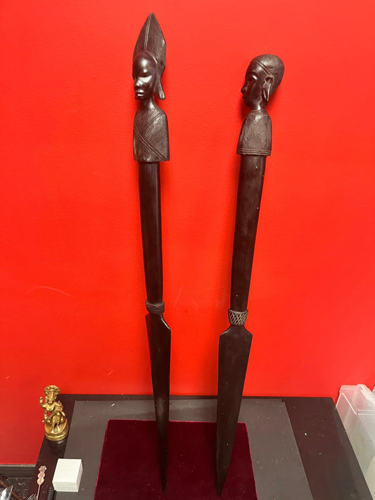 Pair Stunning 34 inch 1960s museum quality Ebony wooden power dance spears  Tanzanian beauties